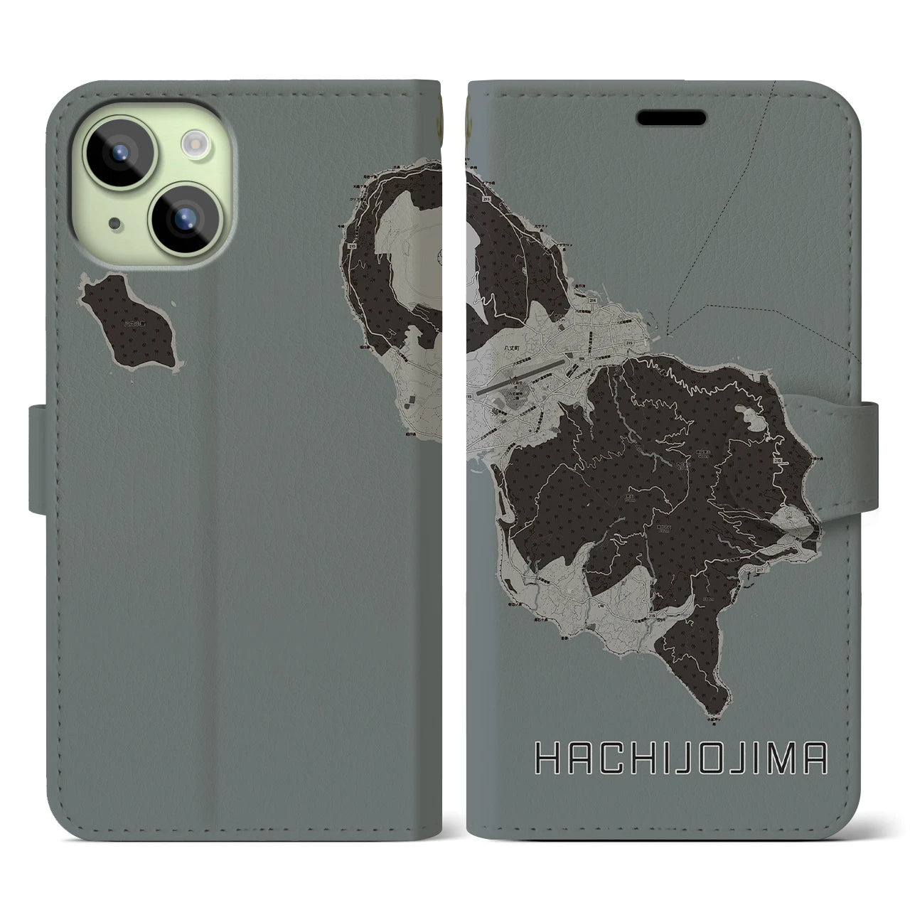 【八丈島(東京都)】地図柄iPhoneケース(手帳タイプ)モノトーン・iPhone 15 用