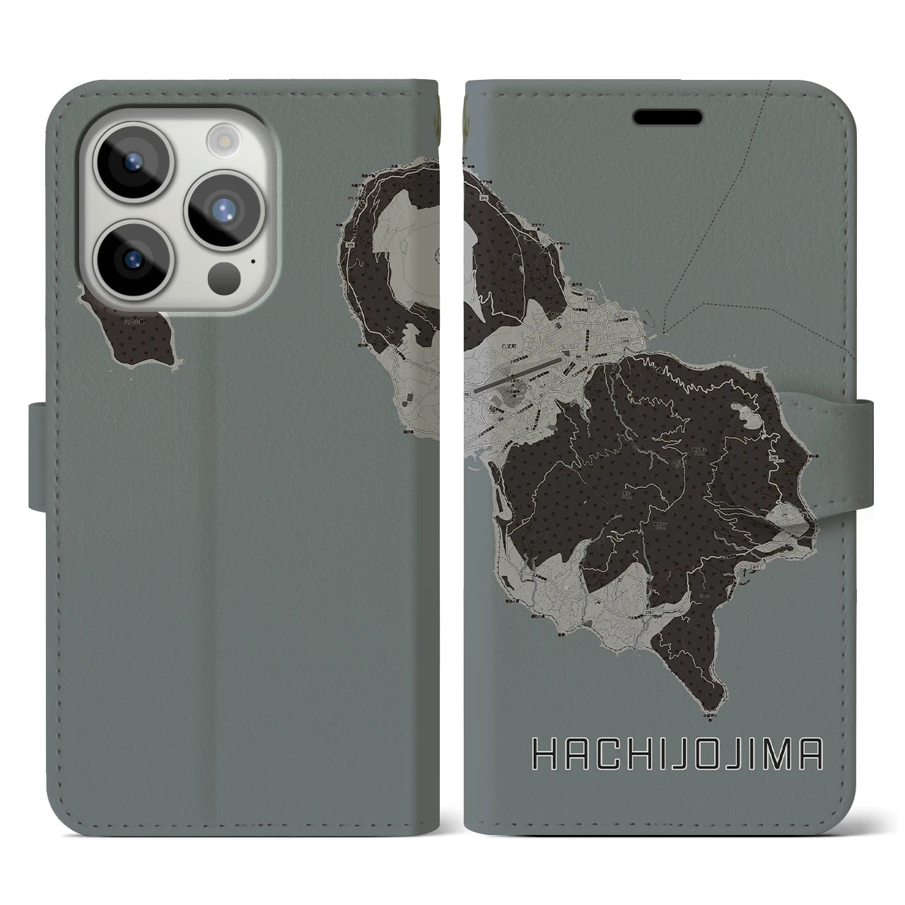 【八丈島(東京都)】地図柄iPhoneケース(手帳タイプ)モノトーン・iPhone 15 Pro 用
