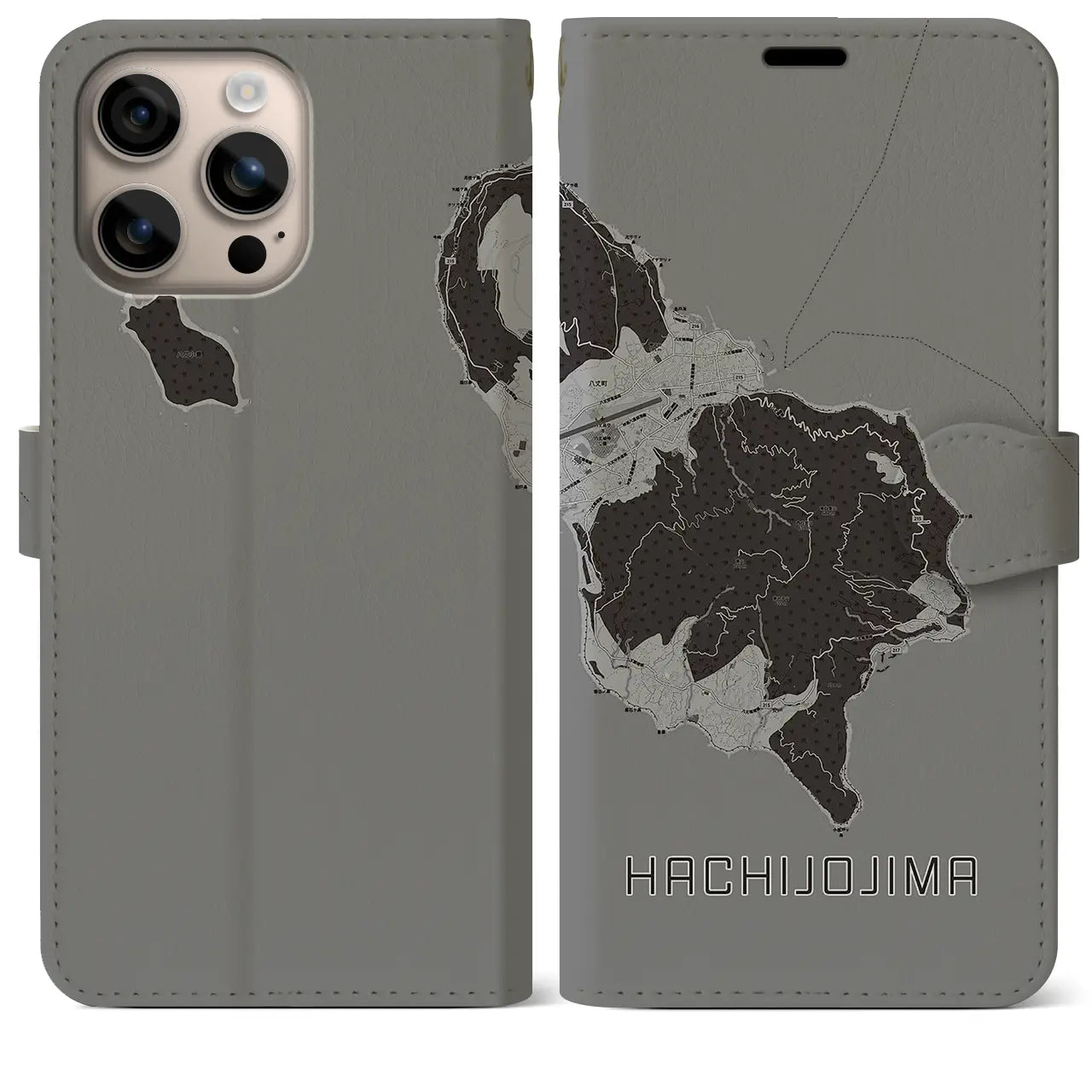 【八丈島(東京都)】地図柄iPhoneケース(手帳タイプ)モノトーン・iPhone 16 Plus 用