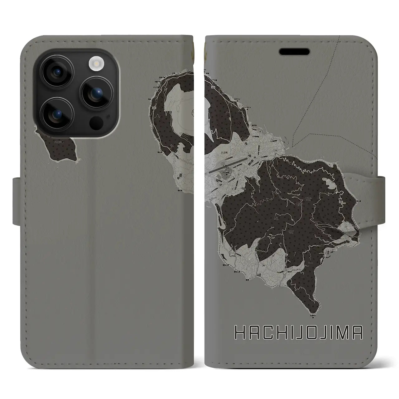 【八丈島(東京都)】地図柄iPhoneケース(手帳タイプ)モノトーン・iPhone 16 用