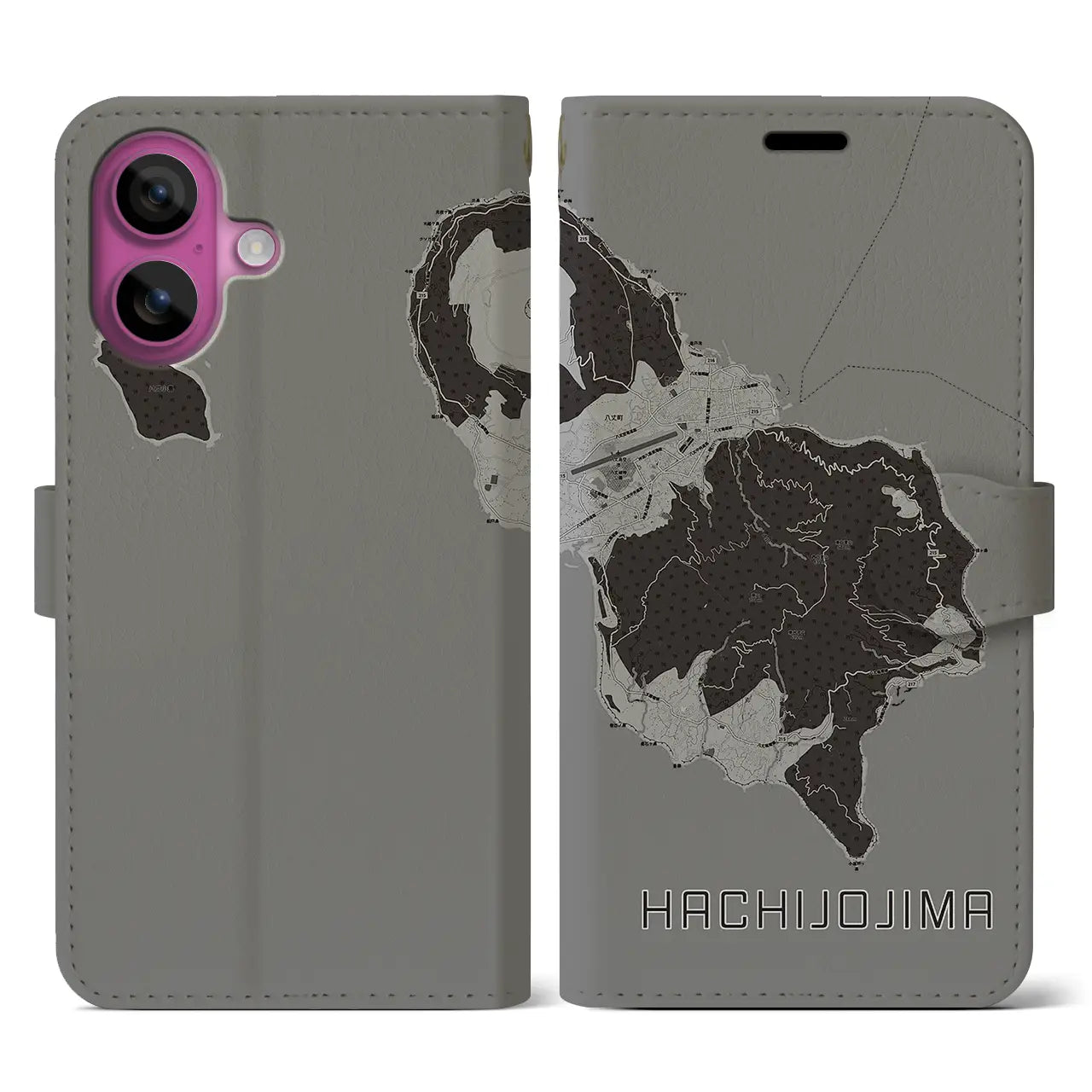 【八丈島(東京都)】地図柄iPhoneケース(手帳タイプ)モノトーン・iPhone 16 Pro 用