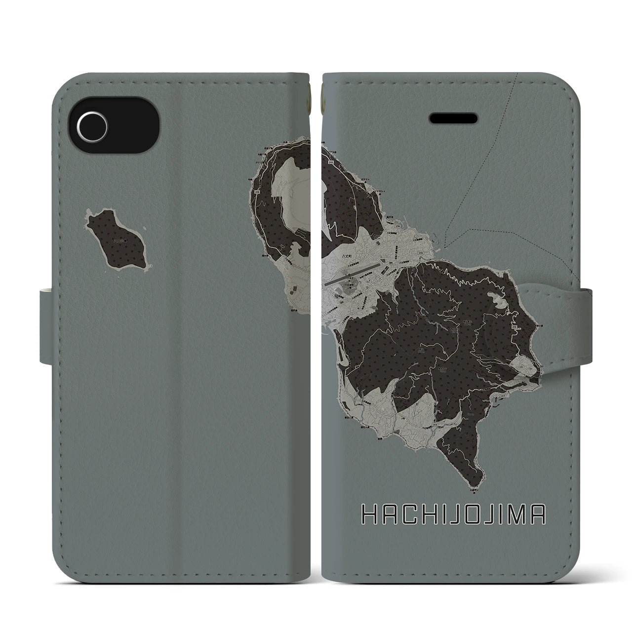 【八丈島(東京都)】地図柄iPhoneケース(手帳タイプ)モノトーン・iPhone SE(第3 / 第2世代) / 8 / 7 / 6s / 6 用