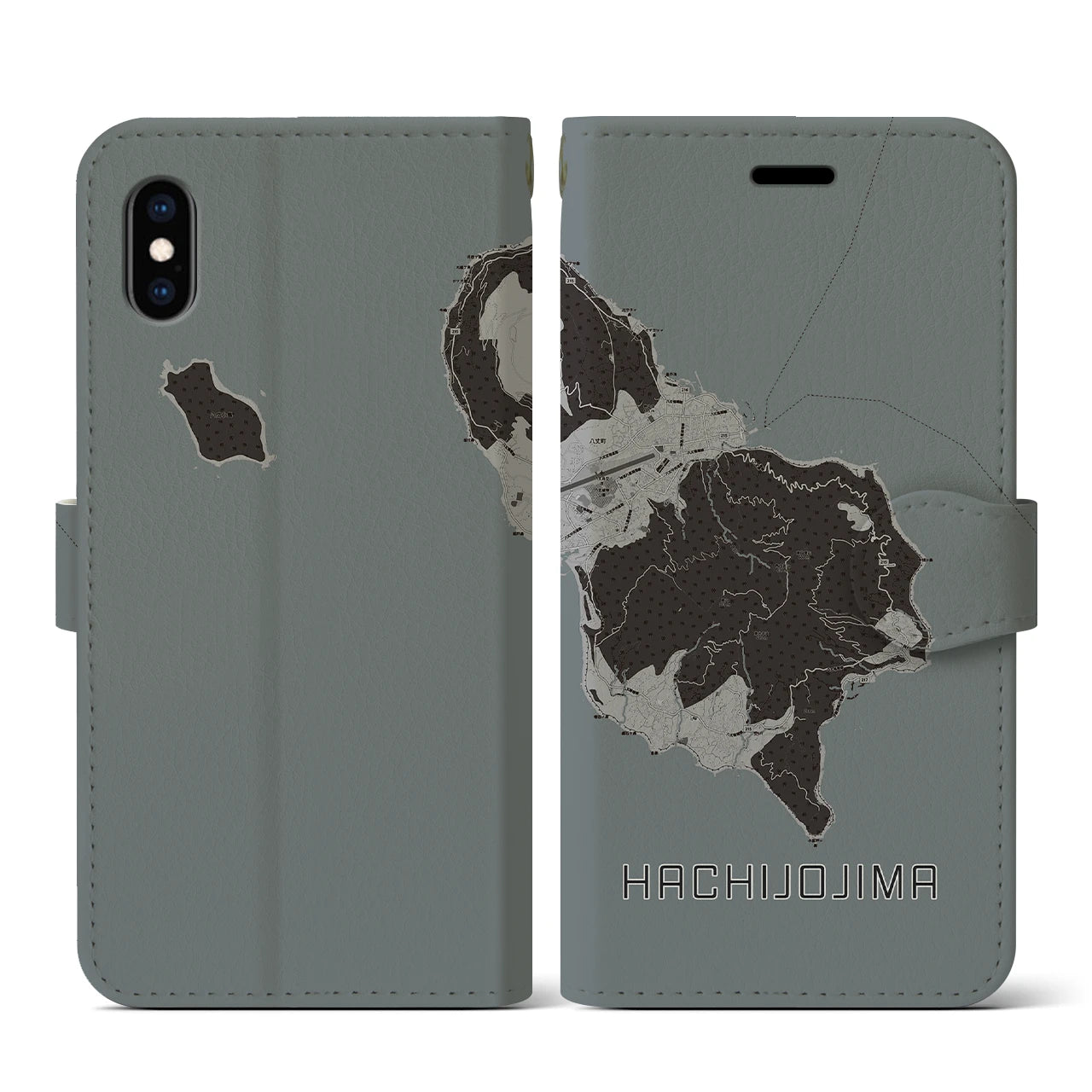 【八丈島(東京都)】地図柄iPhoneケース(手帳タイプ)モノトーン・iPhone XS / X 用