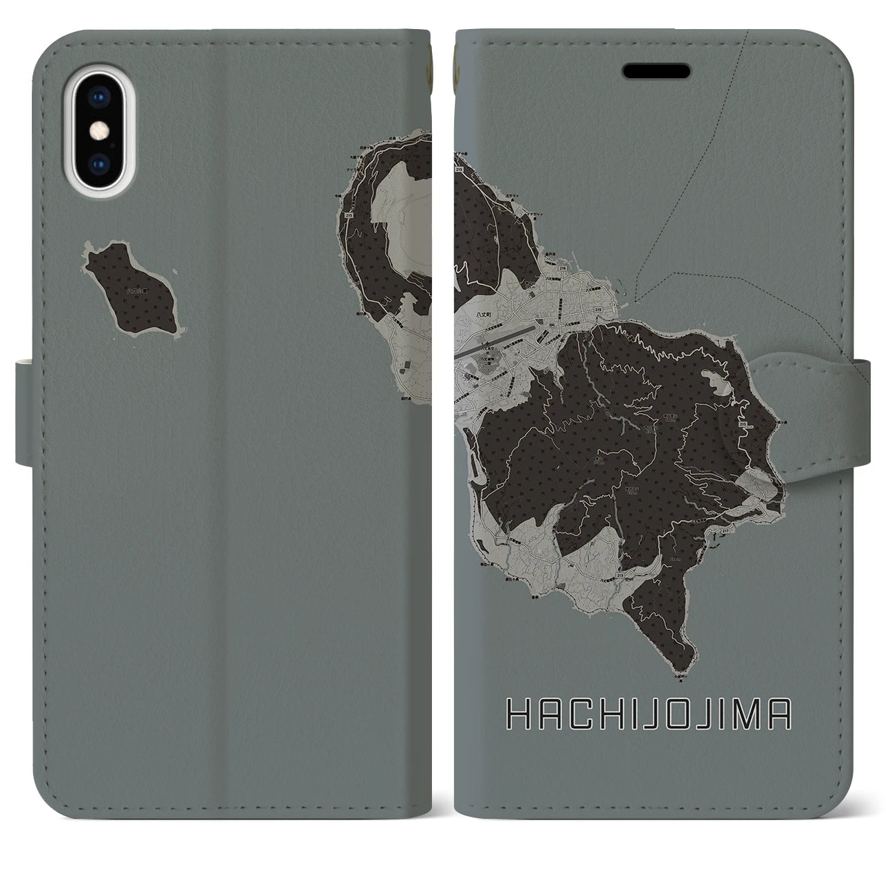 【八丈島(東京都)】地図柄iPhoneケース(手帳タイプ)モノトーン・iPhone XS Max 用