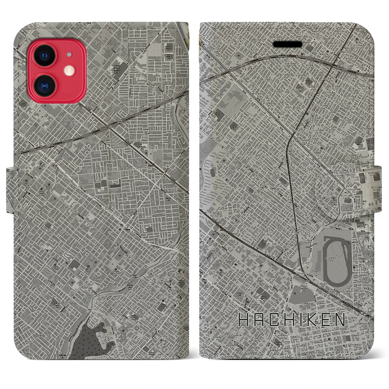 【八軒(北海道)】地図柄iPhoneケース(手帳タイプ)モノトーン・iPhone 11 用