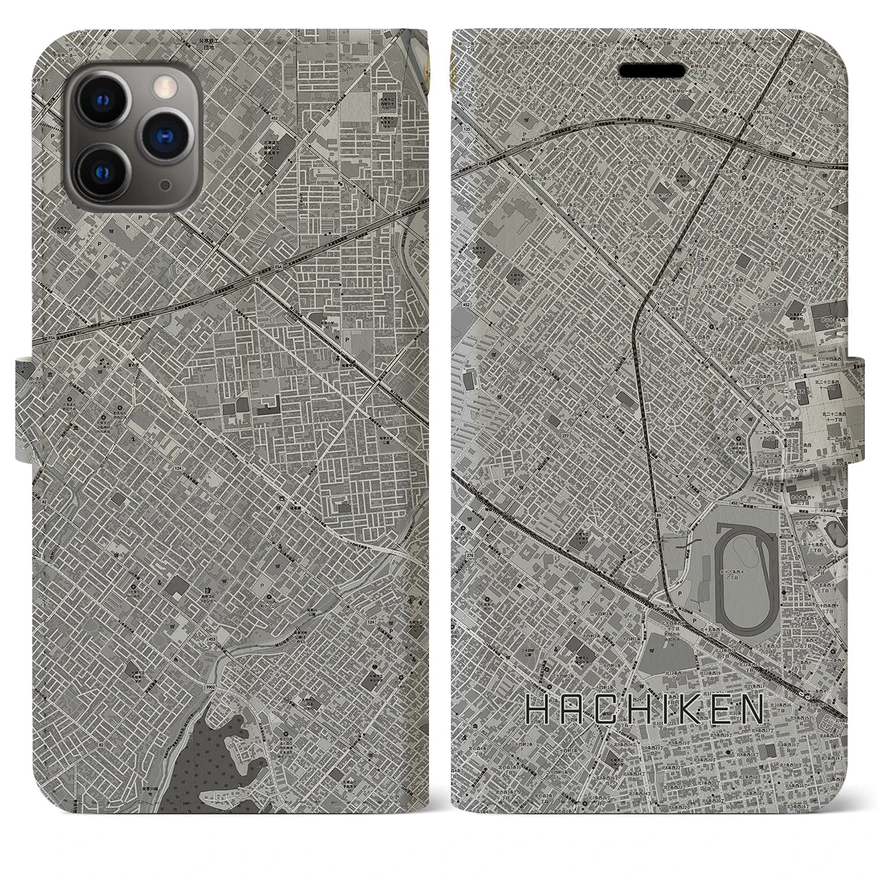 【八軒(北海道)】地図柄iPhoneケース(手帳タイプ)モノトーン・iPhone 11 Pro Max 用