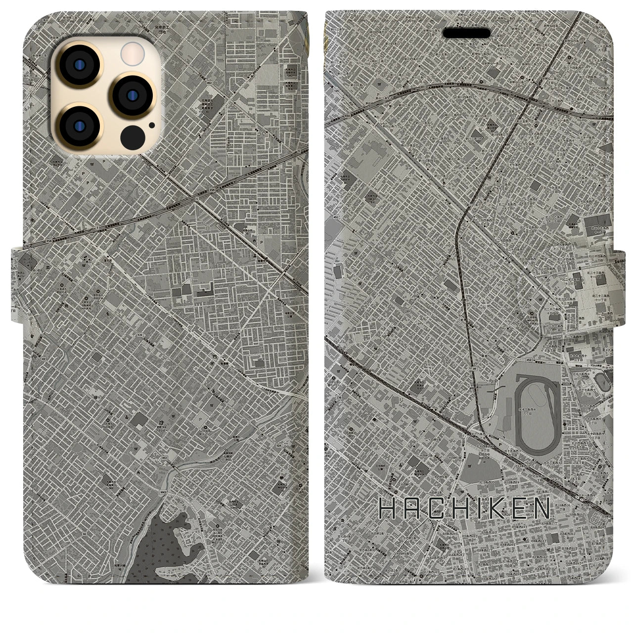 【八軒(北海道)】地図柄iPhoneケース(手帳タイプ)モノトーン・iPhone 12 Pro Max 用