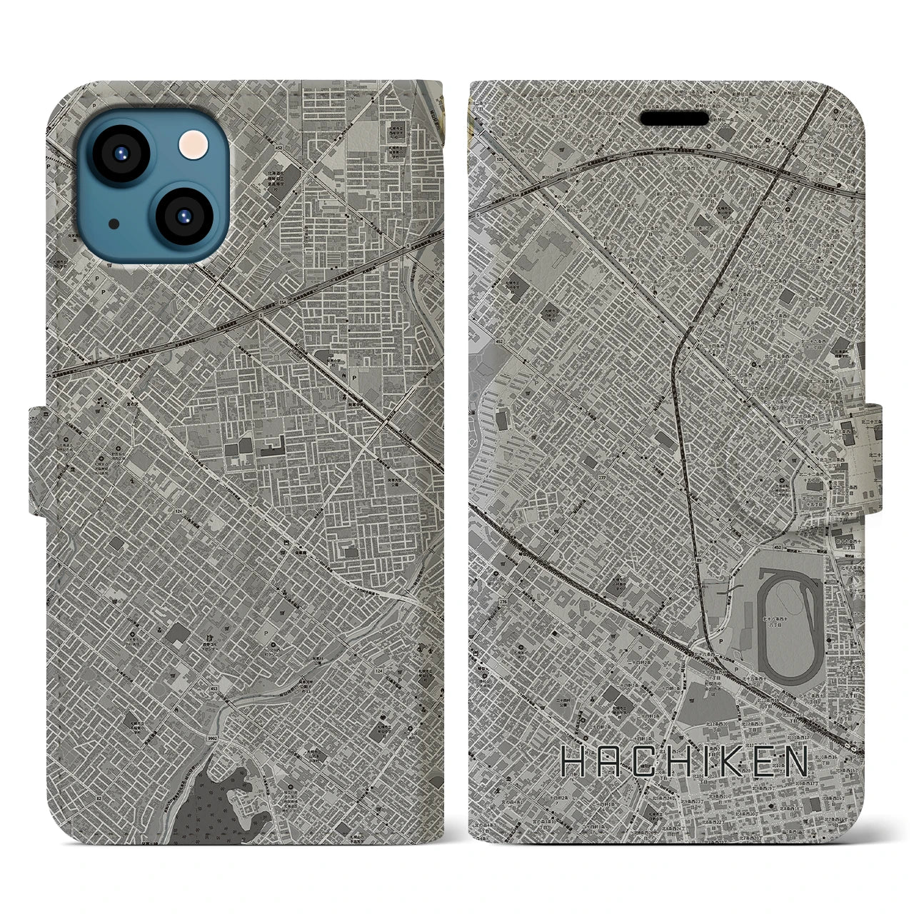 【八軒(北海道)】地図柄iPhoneケース(手帳タイプ)モノトーン・iPhone 13 用