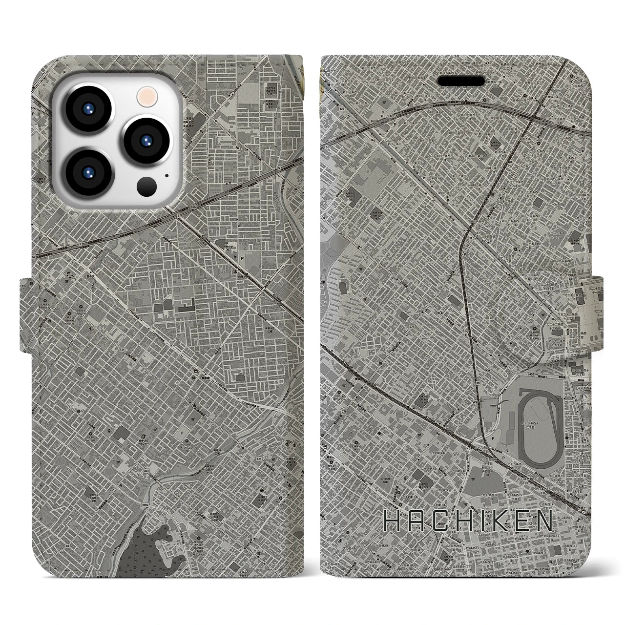 【八軒(北海道)】地図柄iPhoneケース(手帳タイプ)モノトーン・iPhone 13 Pro 用