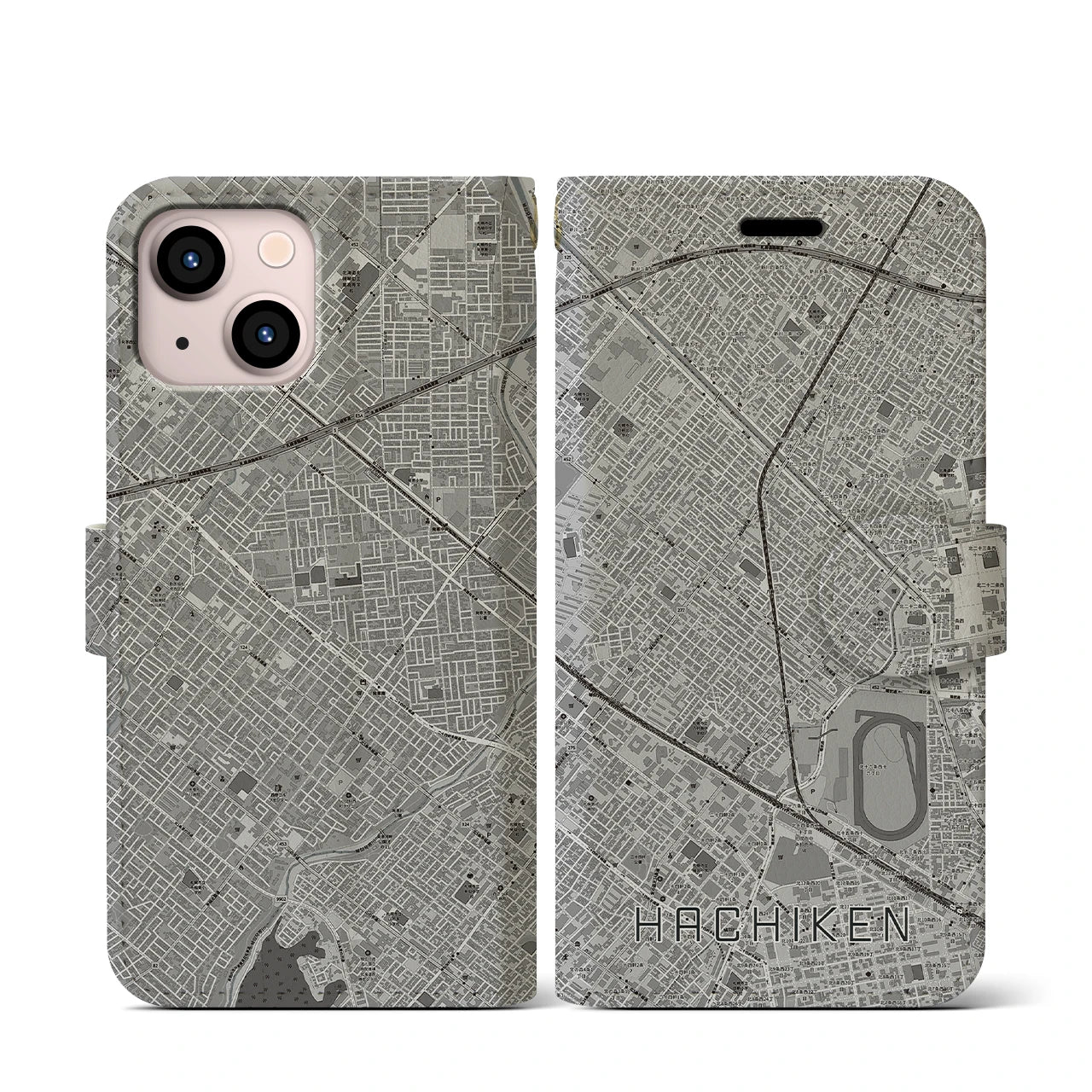 【八軒(北海道)】地図柄iPhoneケース(手帳タイプ)モノトーン・iPhone 13 mini 用