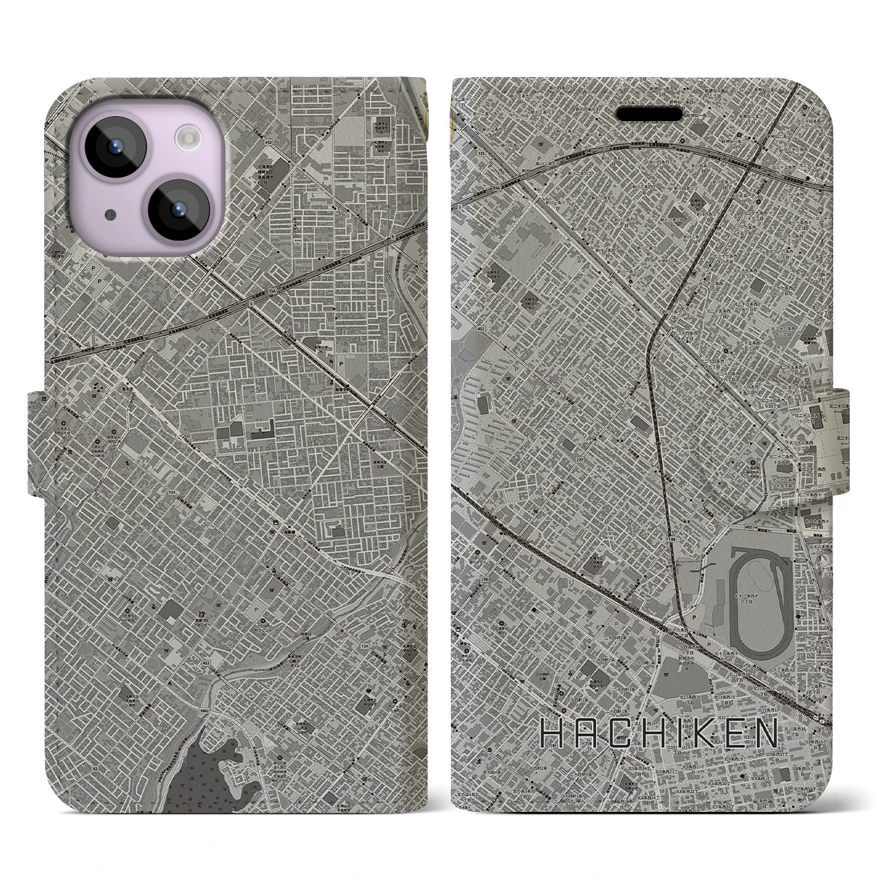 【八軒(北海道)】地図柄iPhoneケース(手帳タイプ)モノトーン・iPhone 14 用