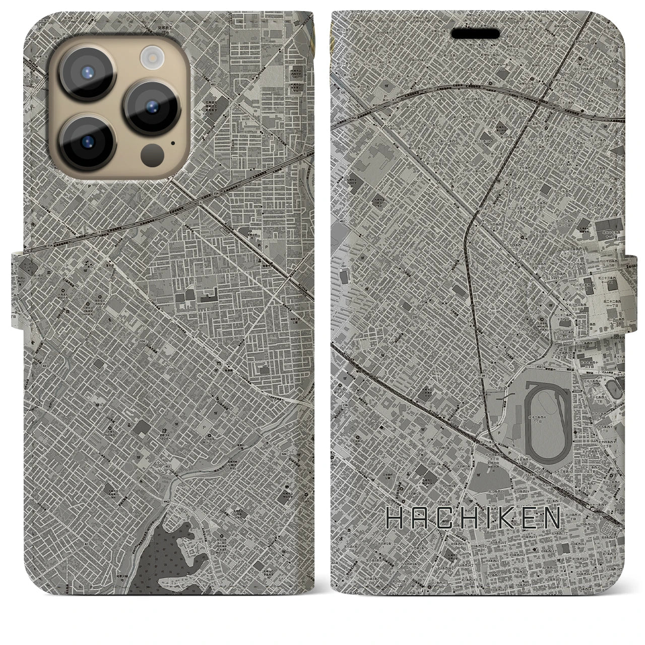 【八軒(北海道)】地図柄iPhoneケース(手帳タイプ)モノトーン・iPhone 14 Pro Max 用