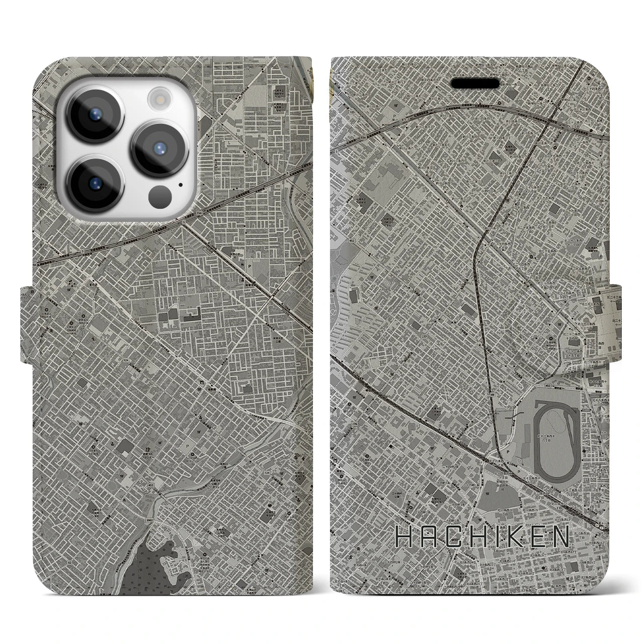 【八軒(北海道)】地図柄iPhoneケース(手帳タイプ)モノトーン・iPhone 14 Pro 用