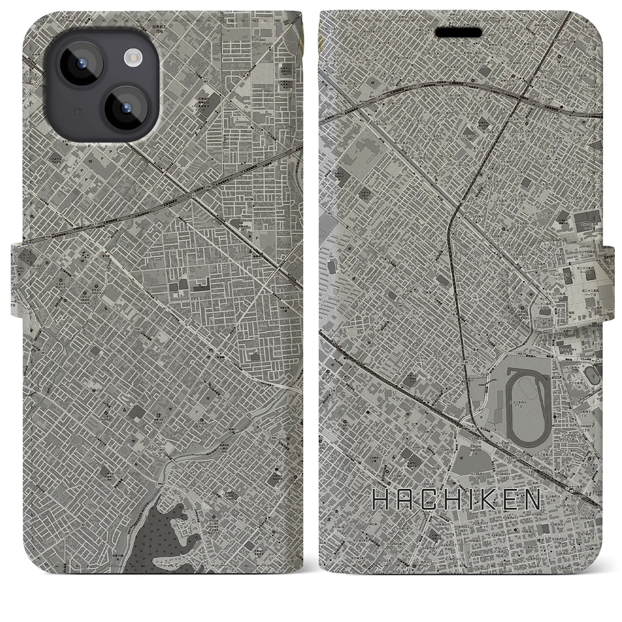 【八軒(北海道)】地図柄iPhoneケース(手帳タイプ)モノトーン・iPhone 14 Plus 用