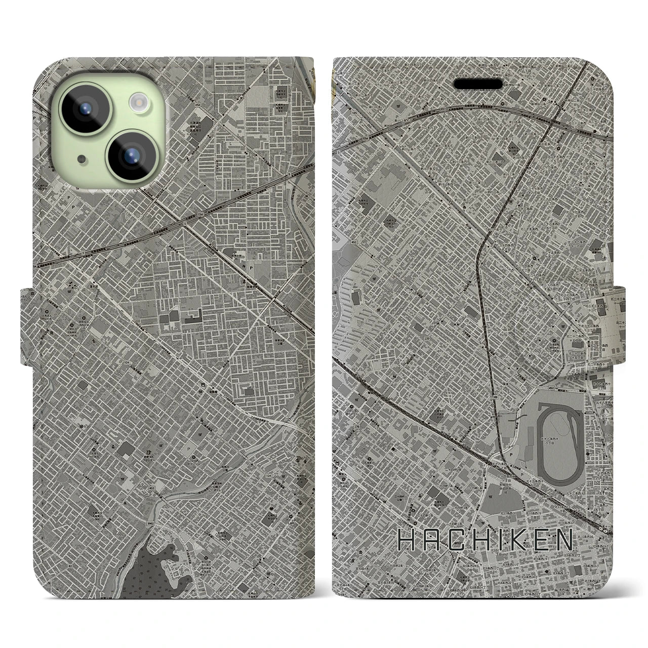 【八軒(北海道)】地図柄iPhoneケース(手帳タイプ)モノトーン・iPhone 15 用