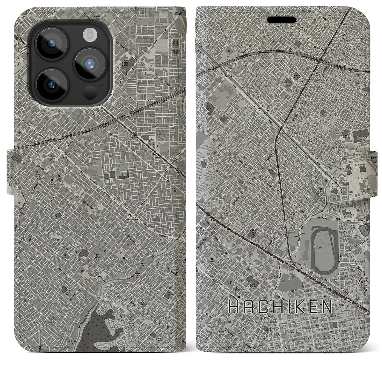 【八軒(北海道)】地図柄iPhoneケース(手帳タイプ)モノトーン・iPhone 15 Pro Max 用