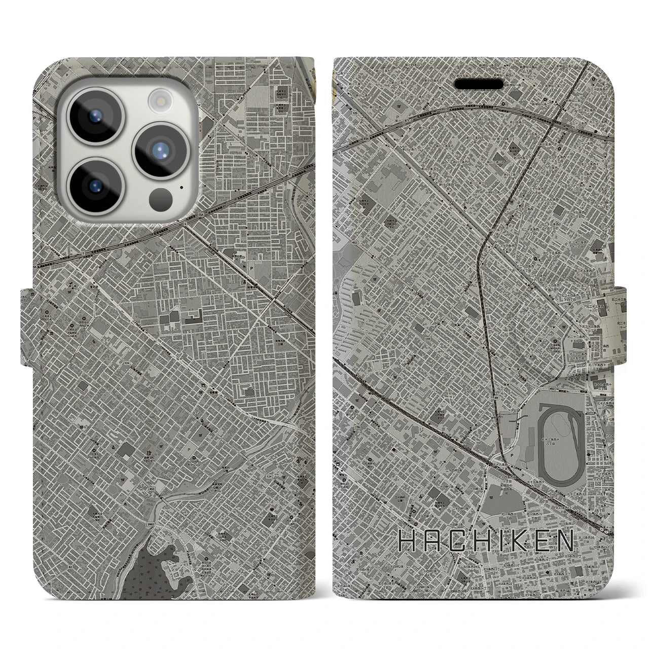 【八軒(北海道)】地図柄iPhoneケース(手帳タイプ)モノトーン・iPhone 15 Pro 用