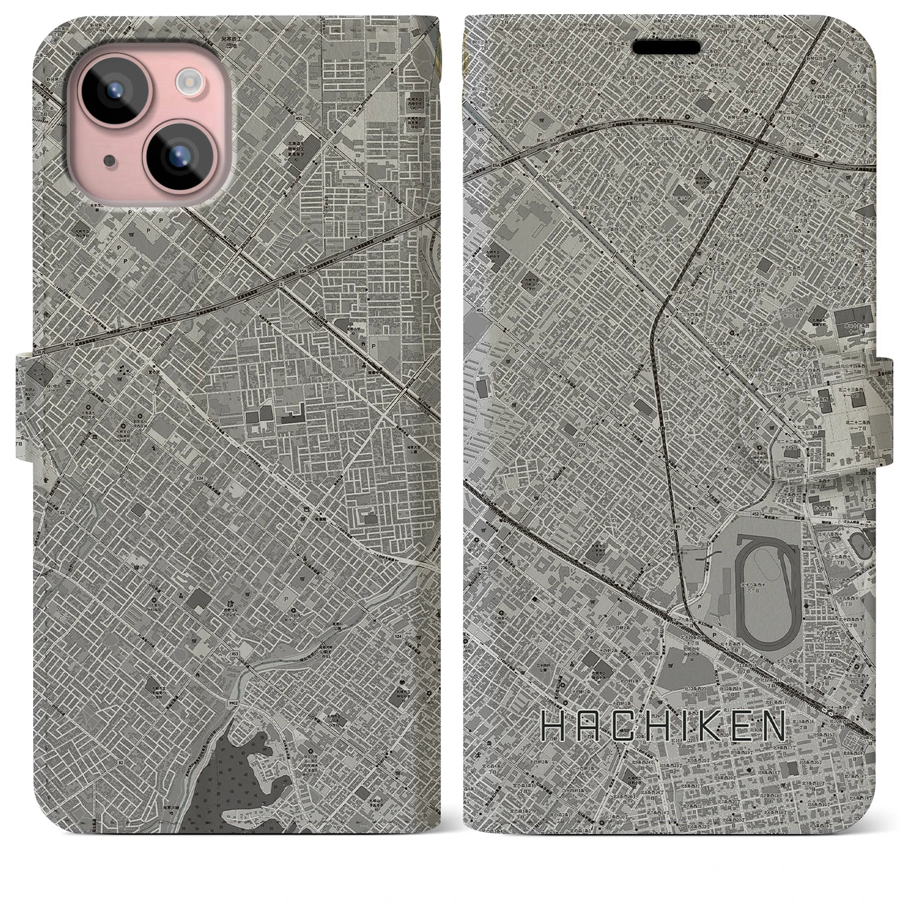 【八軒(北海道)】地図柄iPhoneケース(手帳タイプ)モノトーン・iPhone 15 Plus 用