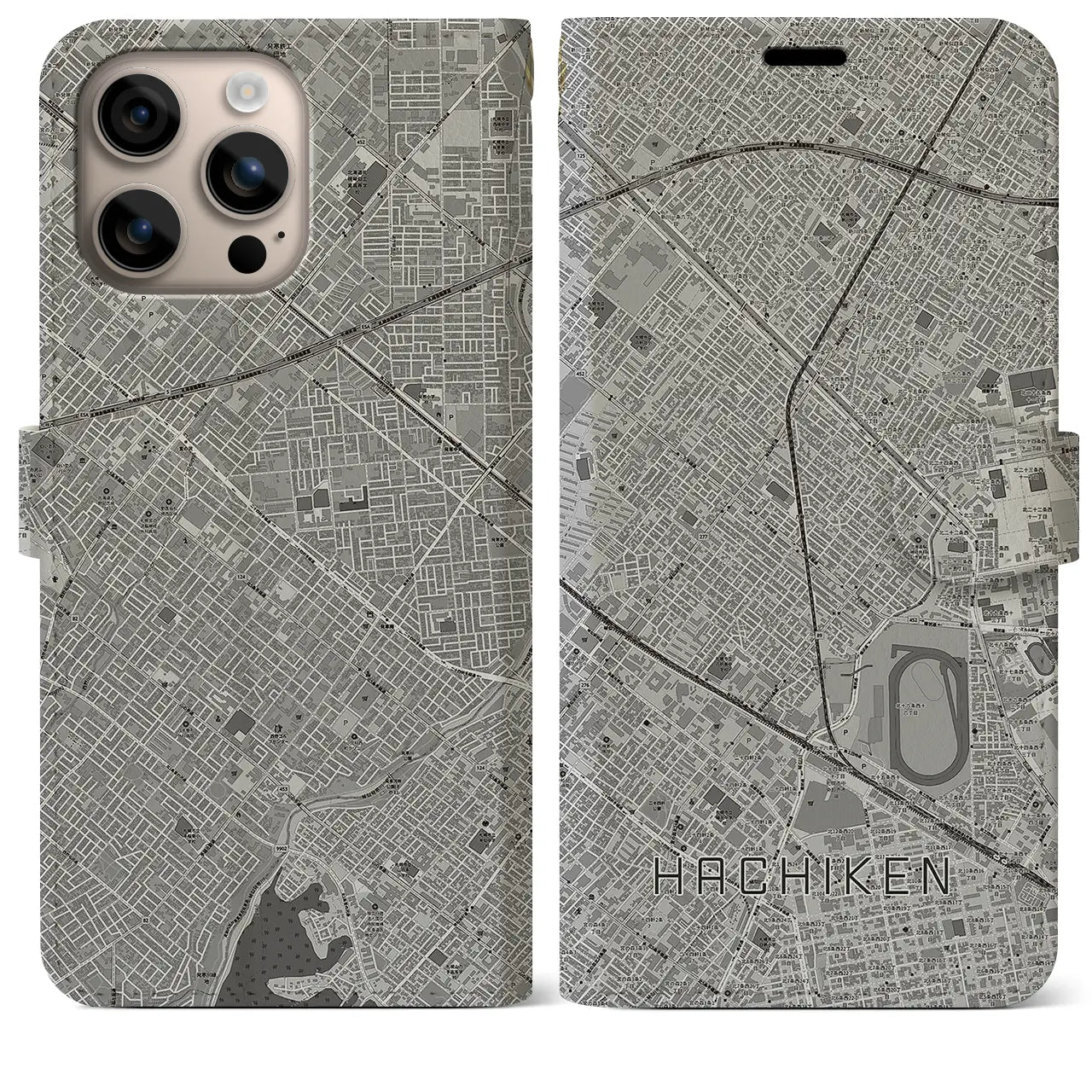 【八軒(北海道)】地図柄iPhoneケース(手帳タイプ)モノトーン・iPhone 16 Plus 用