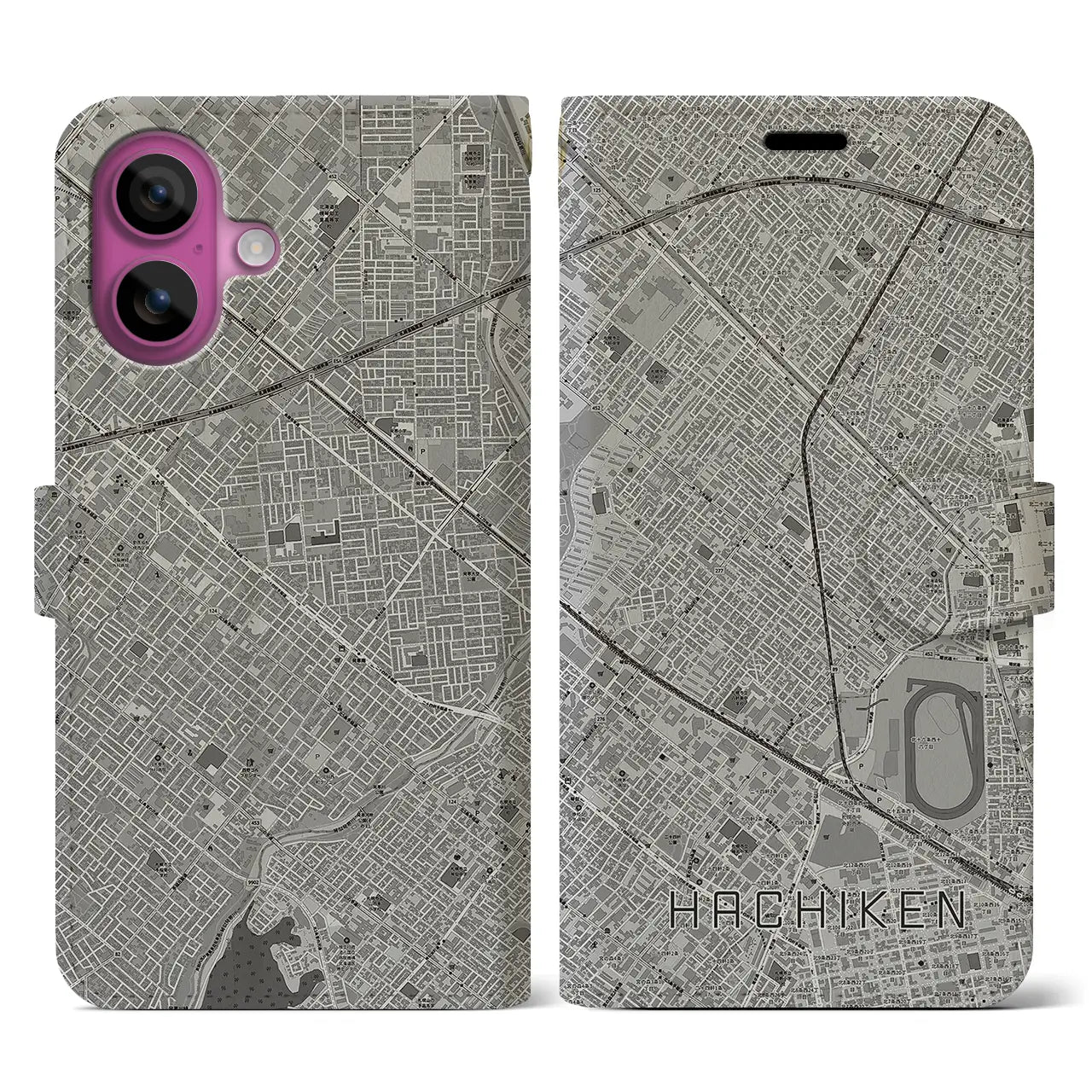 【八軒(北海道)】地図柄iPhoneケース(手帳タイプ)モノトーン・iPhone 16 Pro 用