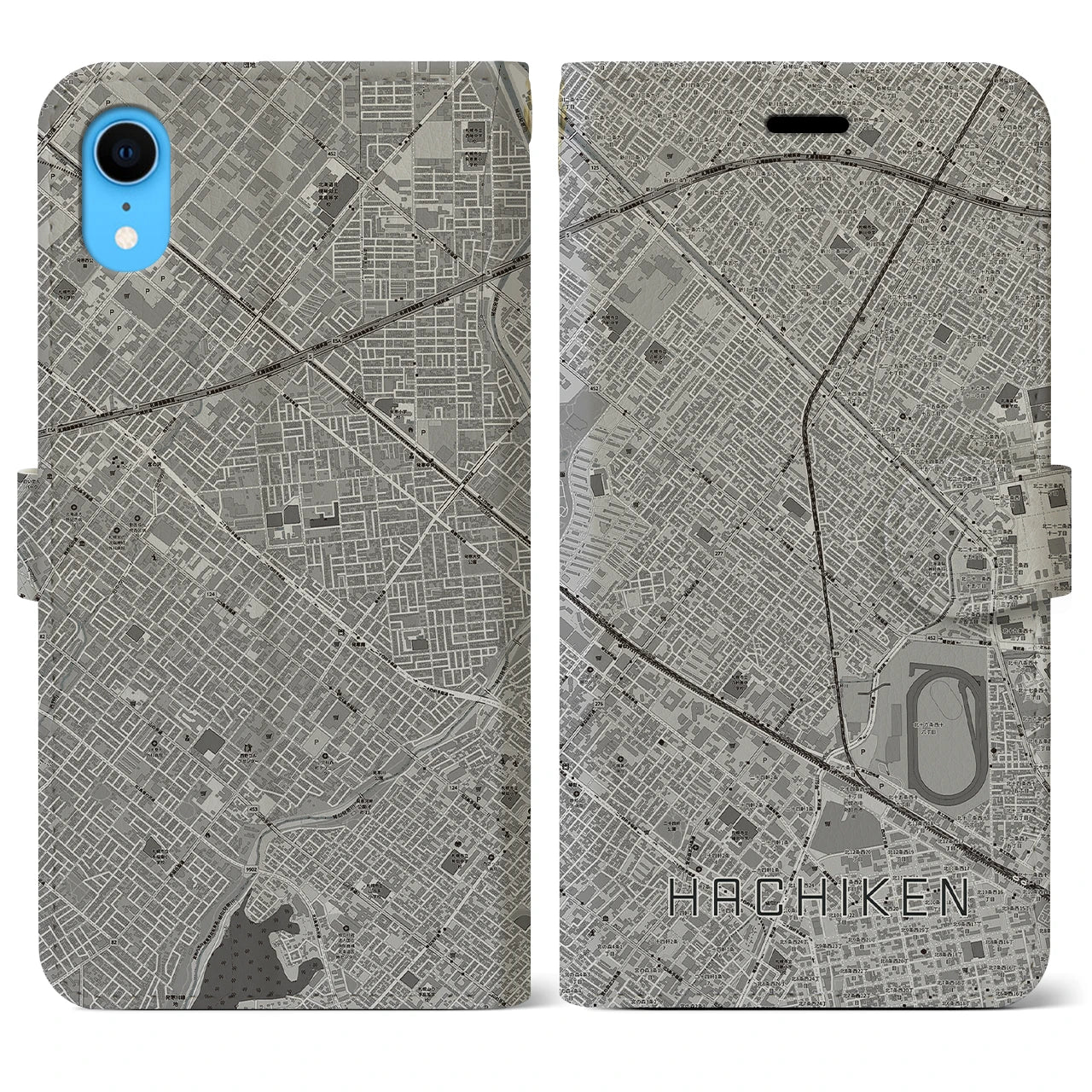 【八軒(北海道)】地図柄iPhoneケース(手帳タイプ)モノトーン・iPhone XR 用