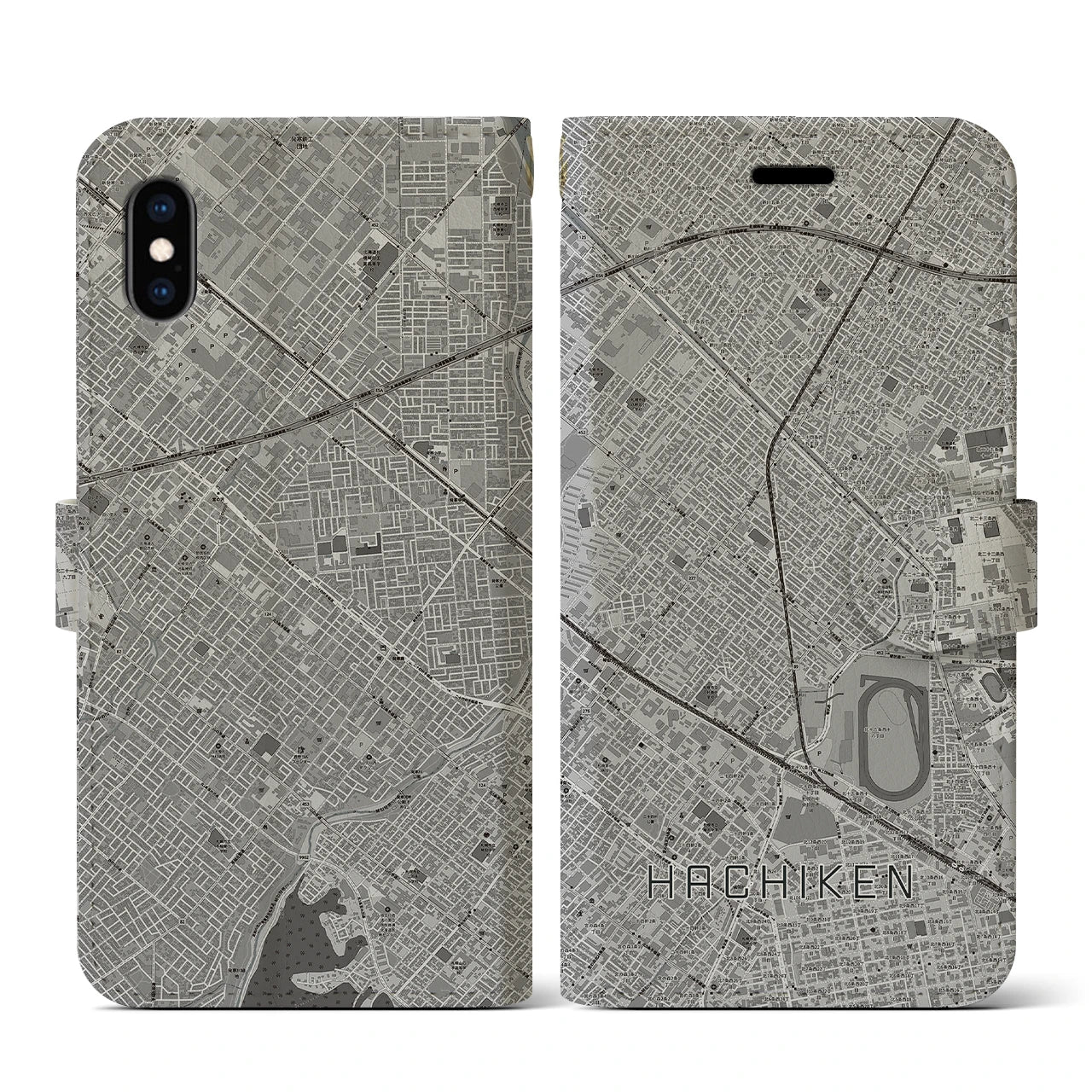 【八軒(北海道)】地図柄iPhoneケース(手帳タイプ)モノトーン・iPhone XS / X 用