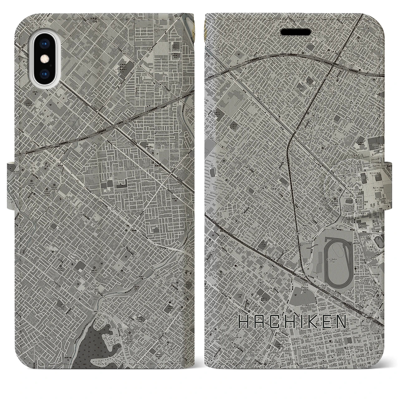 【八軒(北海道)】地図柄iPhoneケース(手帳タイプ)モノトーン・iPhone XS Max 用