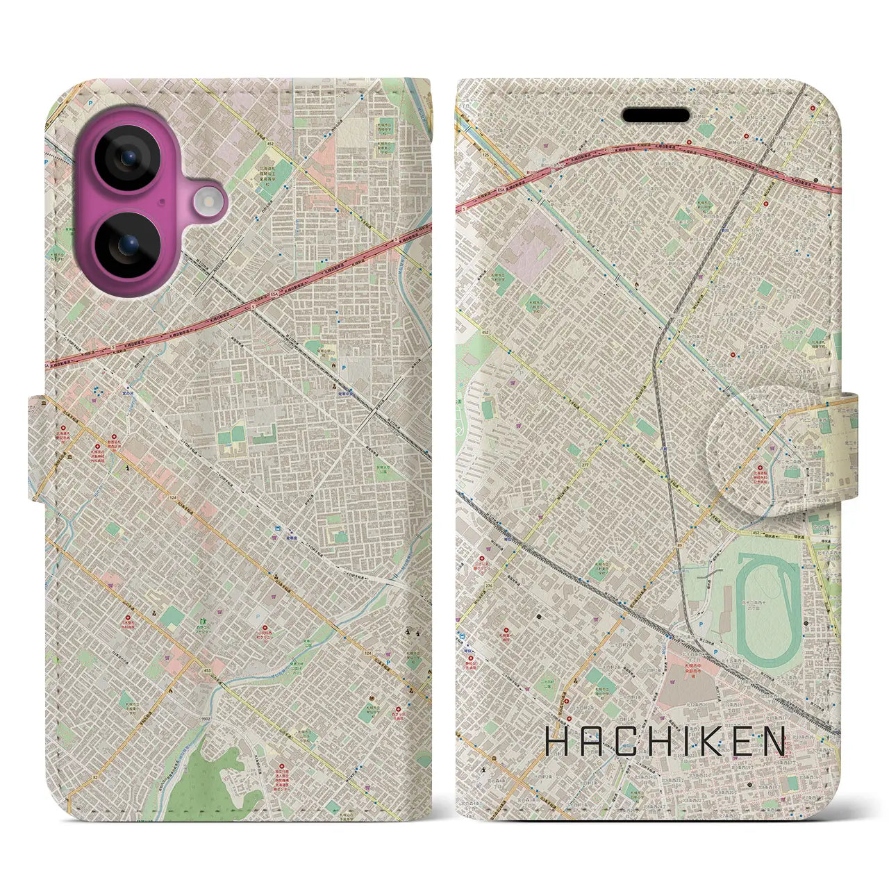 【八軒(北海道)】地図柄iPhoneケース(手帳タイプ)ナチュラル・iPhone 16 Pro 用