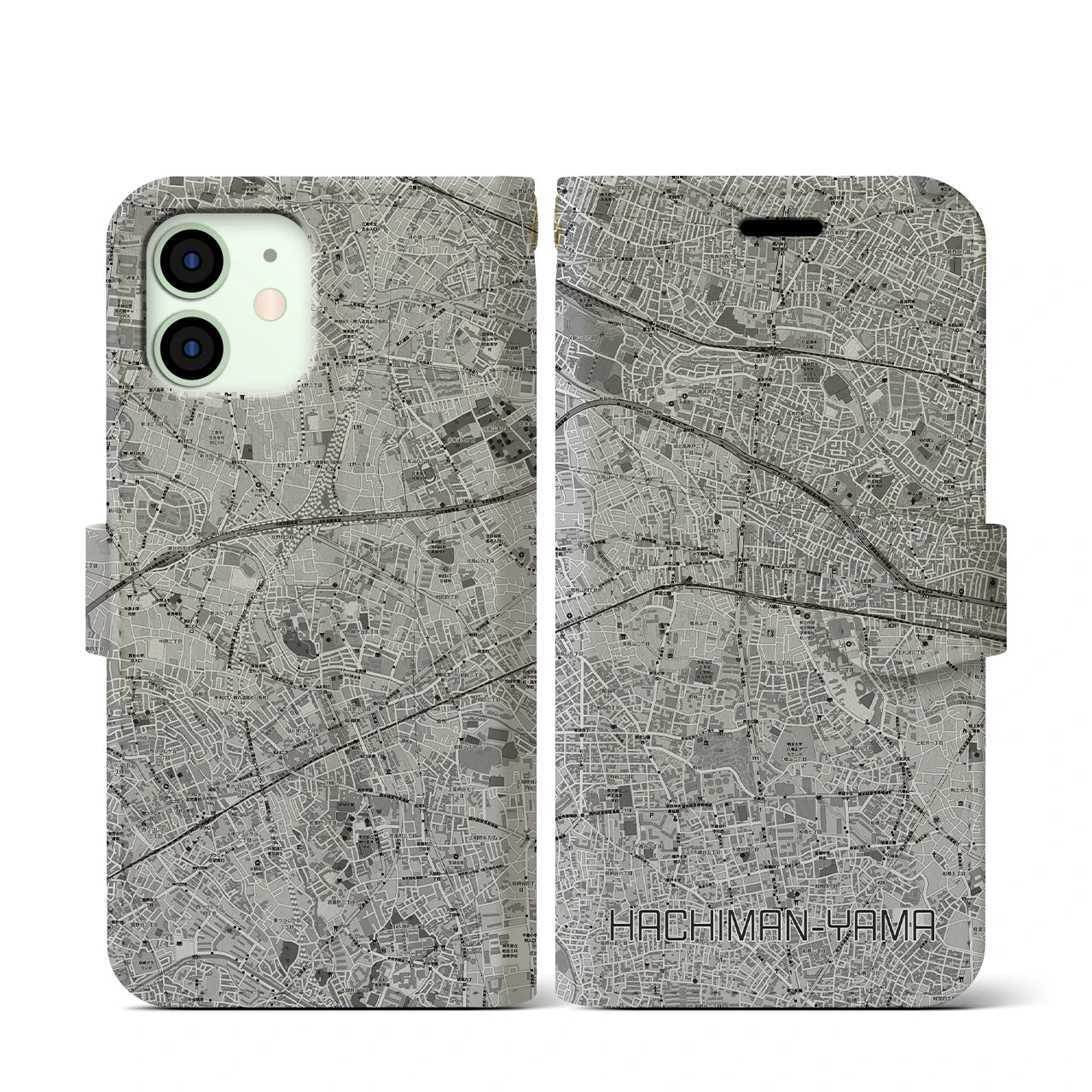 【八幡山(東京都)】地図柄iPhoneケース(手帳タイプ)モノトーン・iPhone 12 mini 用