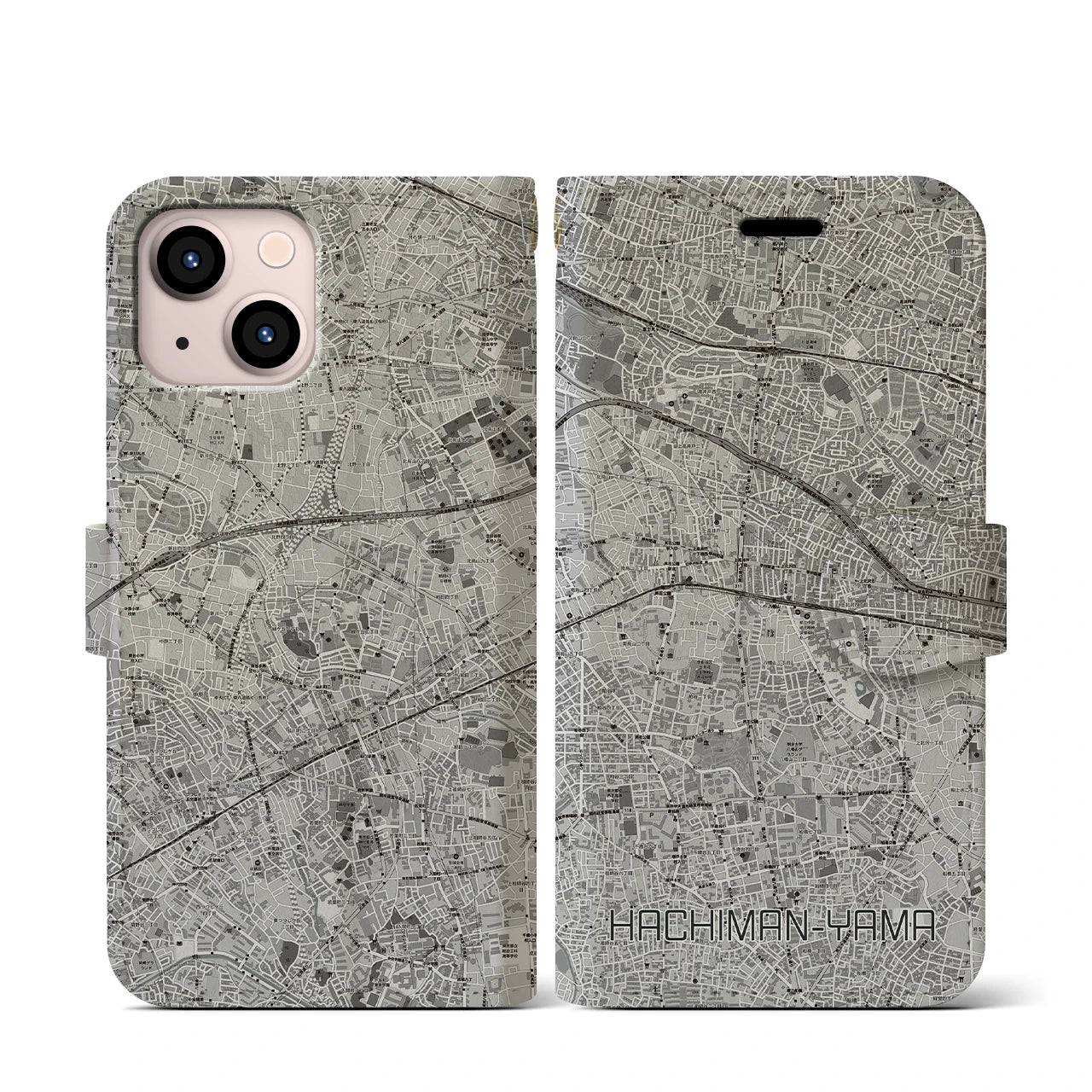 【八幡山(東京都)】地図柄iPhoneケース(手帳タイプ)モノトーン・iPhone 13 mini 用