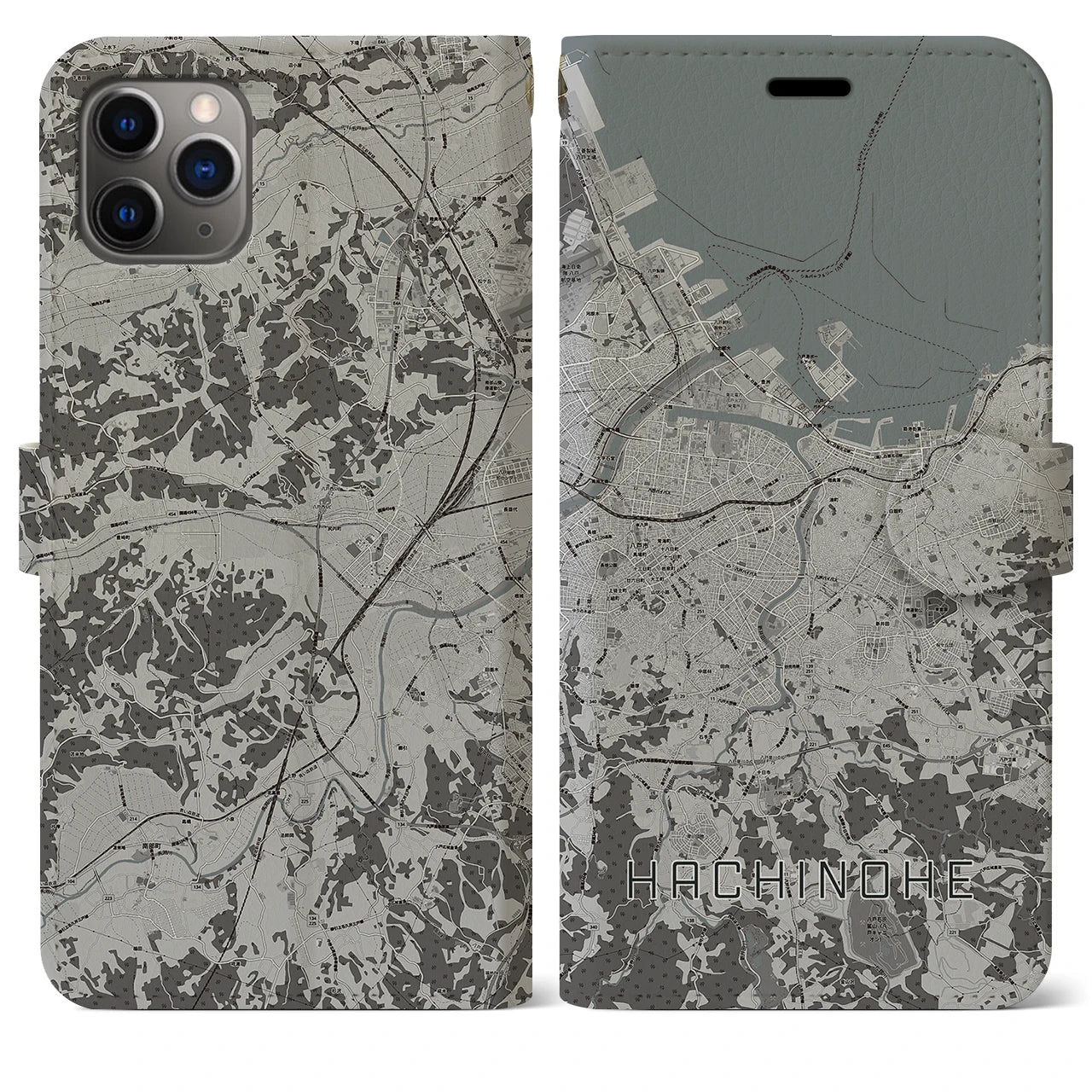 【八戸(青森県)】地図柄iPhoneケース(手帳タイプ)モノトーン・iPhone 11 Pro Max 用