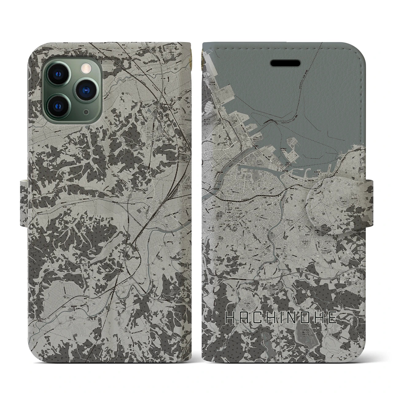 【八戸(青森県)】地図柄iPhoneケース(手帳タイプ)モノトーン・iPhone 11 Pro 用