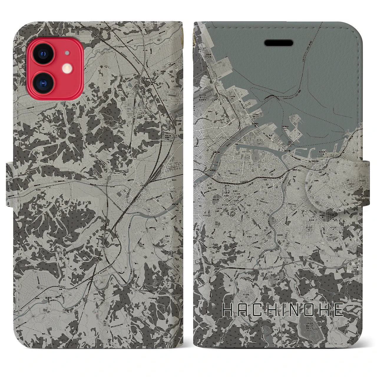 【八戸(青森県)】地図柄iPhoneケース(手帳タイプ)モノトーン・iPhone 11 用