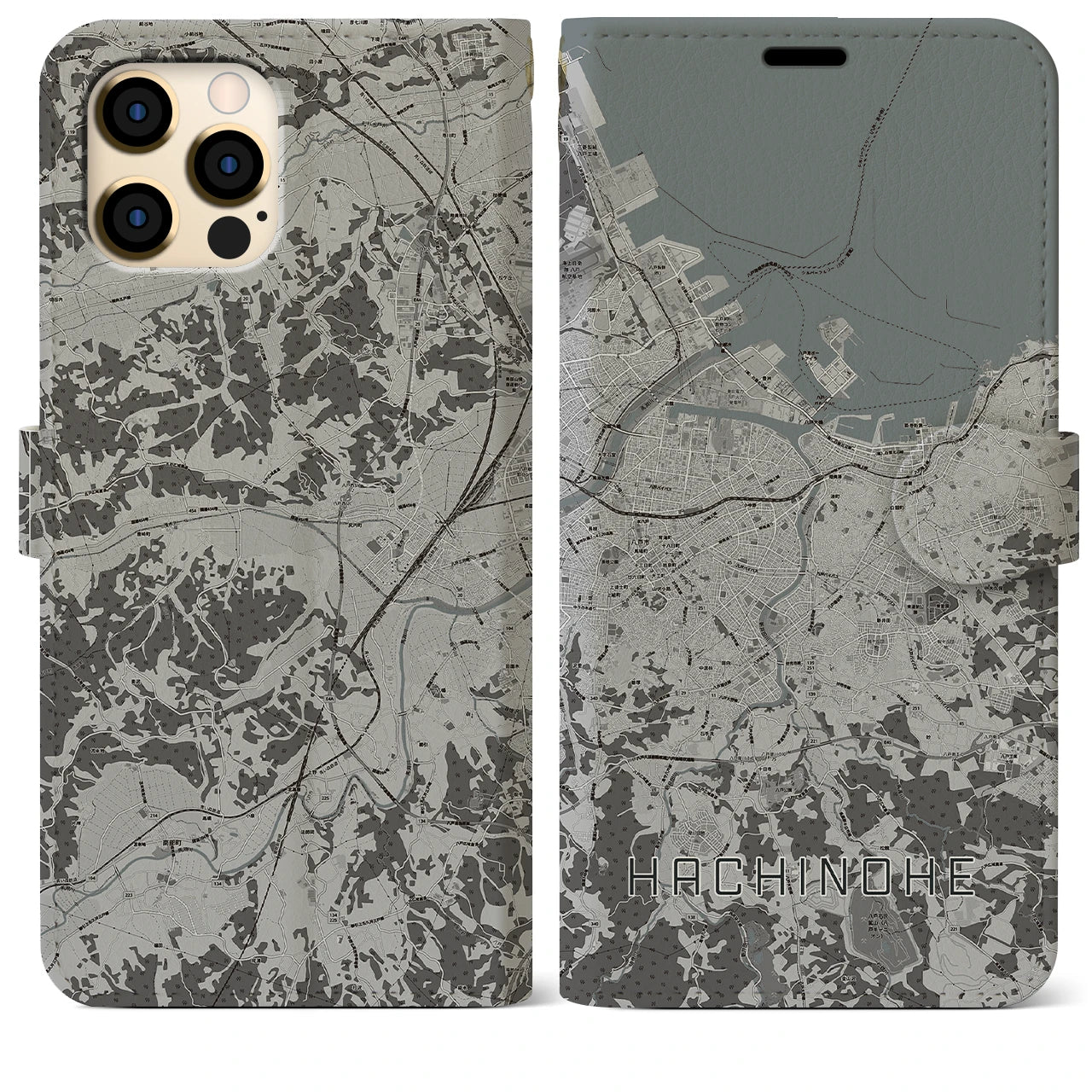 【八戸(青森県)】地図柄iPhoneケース(手帳タイプ)モノトーン・iPhone 12 Pro Max 用