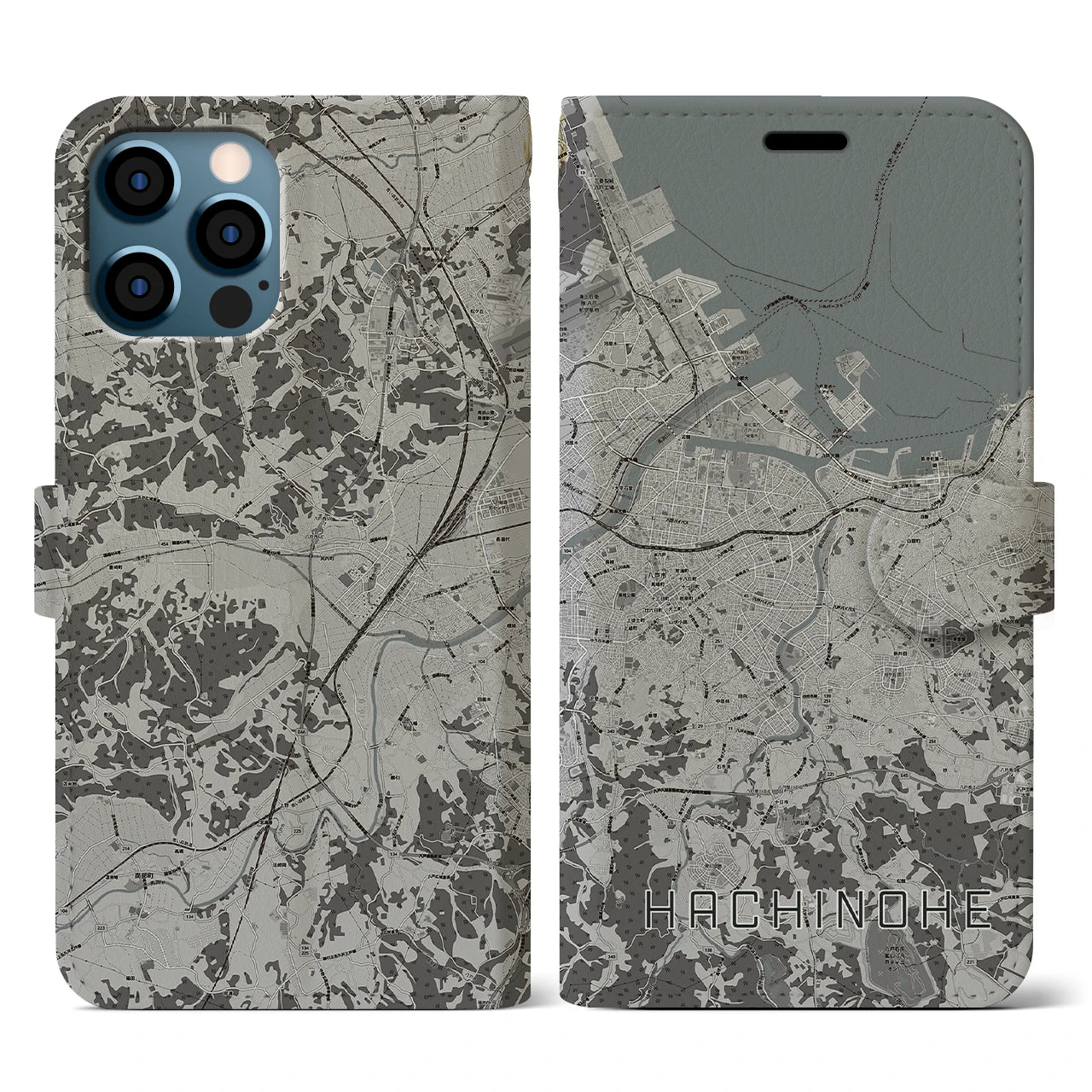【八戸(青森県)】地図柄iPhoneケース(手帳タイプ)モノトーン・iPhone 12 / 12 Pro 用