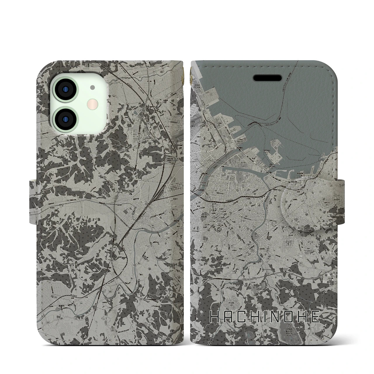 【八戸(青森県)】地図柄iPhoneケース(手帳タイプ)モノトーン・iPhone 12 mini 用