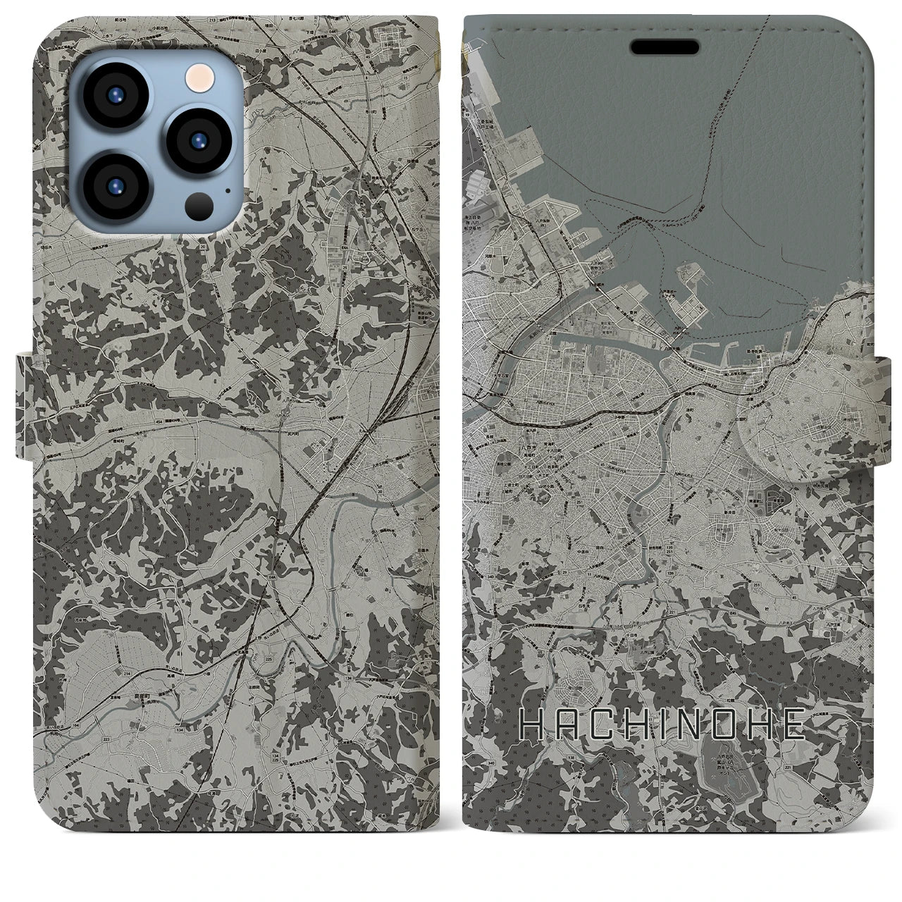 【八戸(青森県)】地図柄iPhoneケース(手帳タイプ)モノトーン・iPhone 13 Pro Max 用