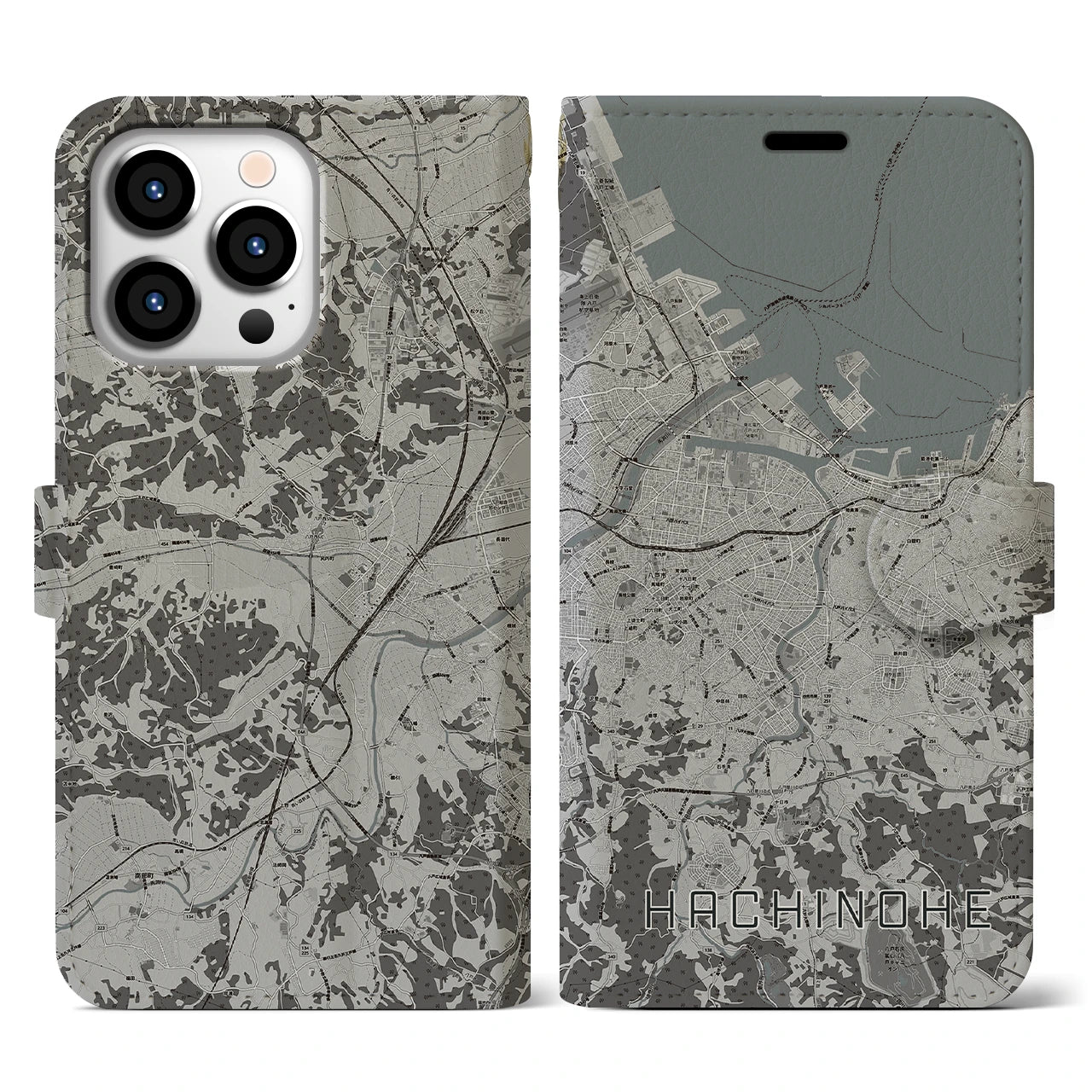 【八戸(青森県)】地図柄iPhoneケース(手帳タイプ)モノトーン・iPhone 13 Pro 用