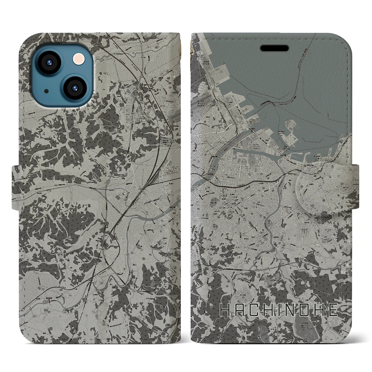 【八戸(青森県)】地図柄iPhoneケース(手帳タイプ)モノトーン・iPhone 13 用