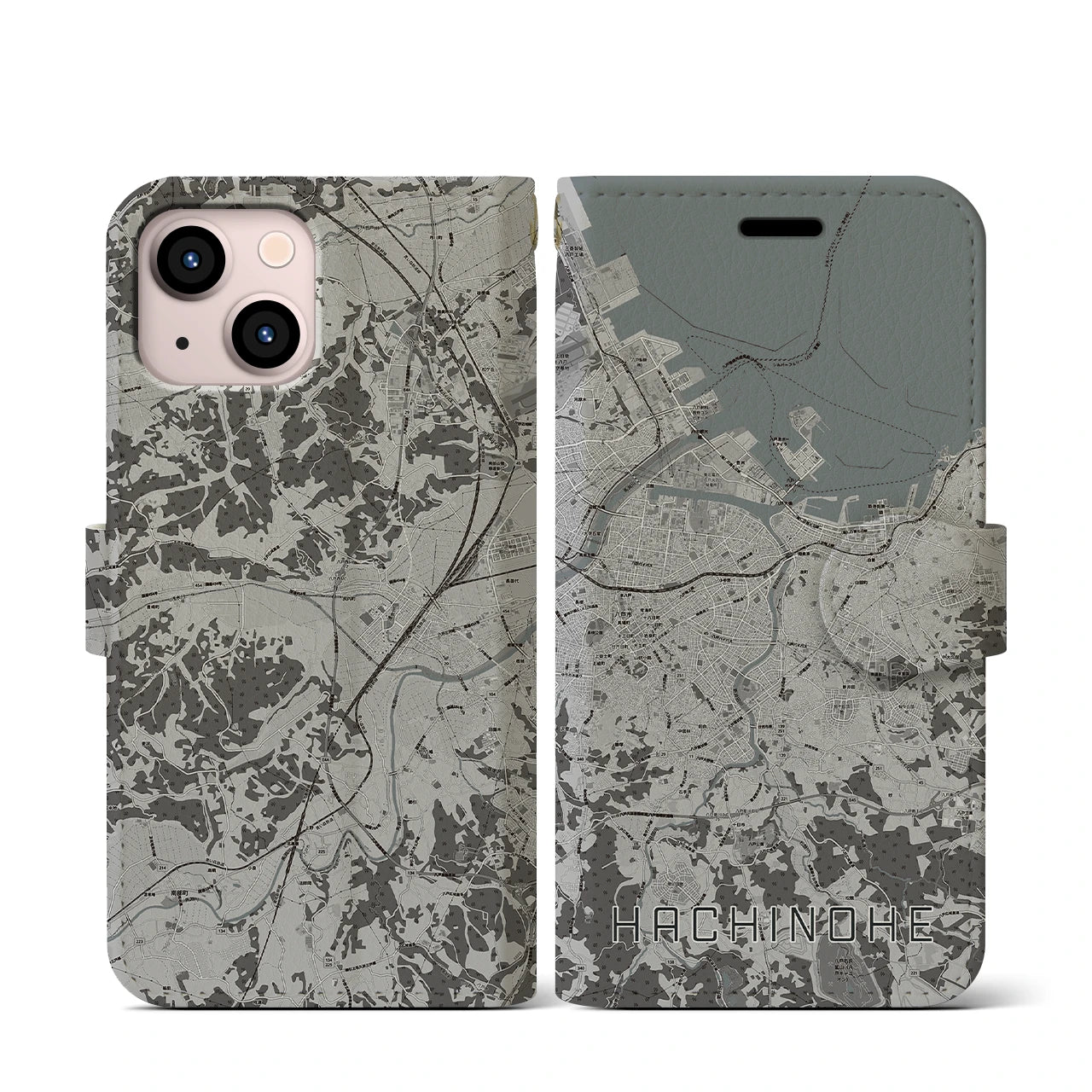【八戸(青森県)】地図柄iPhoneケース(手帳タイプ)モノトーン・iPhone 13 mini 用