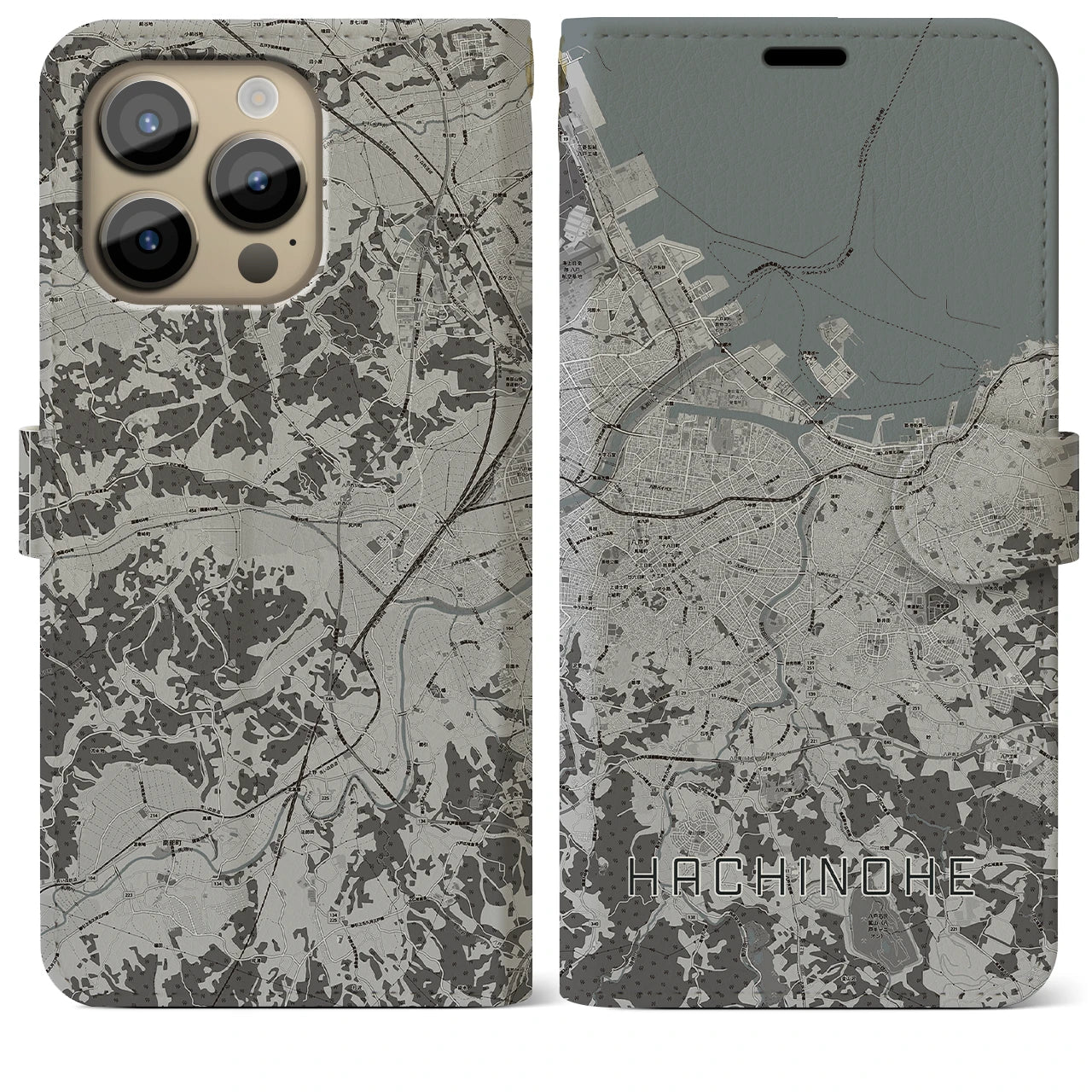 【八戸(青森県)】地図柄iPhoneケース(手帳タイプ)モノトーン・iPhone 14 Pro Max 用