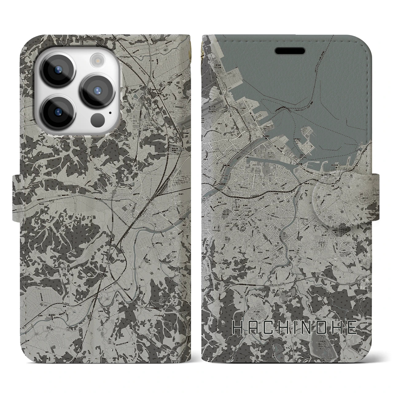 【八戸(青森県)】地図柄iPhoneケース(手帳タイプ)モノトーン・iPhone 14 Pro 用