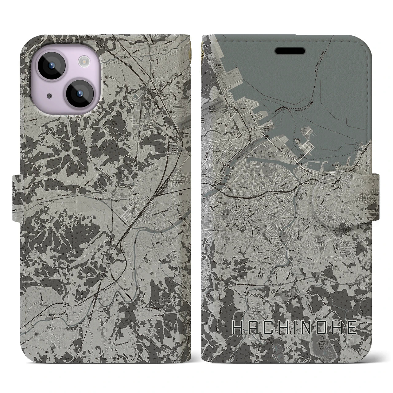 【八戸(青森県)】地図柄iPhoneケース(手帳タイプ)モノトーン・iPhone 14 用