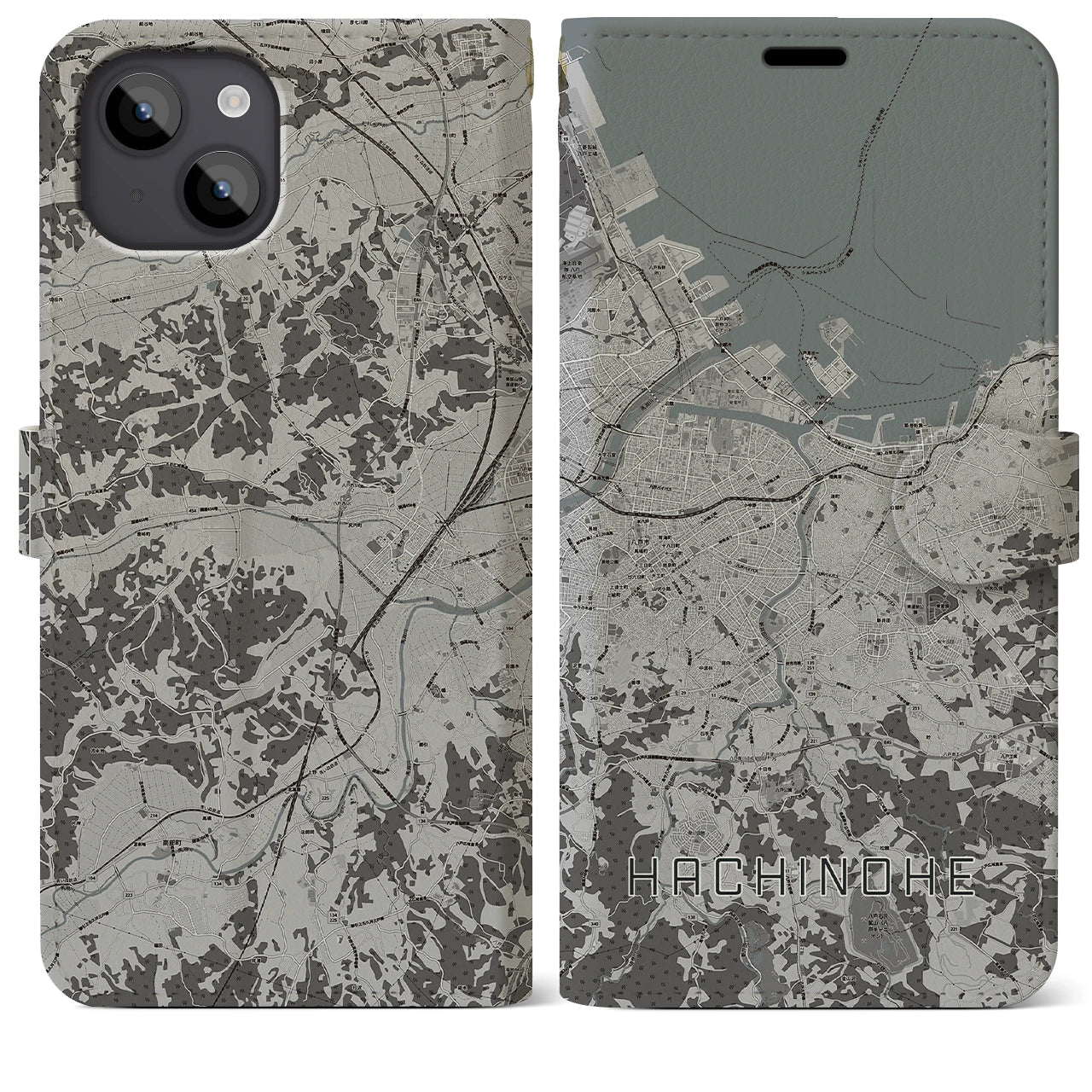 【八戸(青森県)】地図柄iPhoneケース(手帳タイプ)モノトーン・iPhone 14 Plus 用