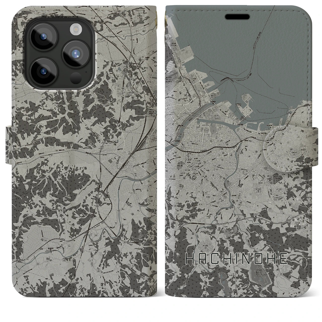【八戸(青森県)】地図柄iPhoneケース(手帳タイプ)モノトーン・iPhone 15 Pro Max 用