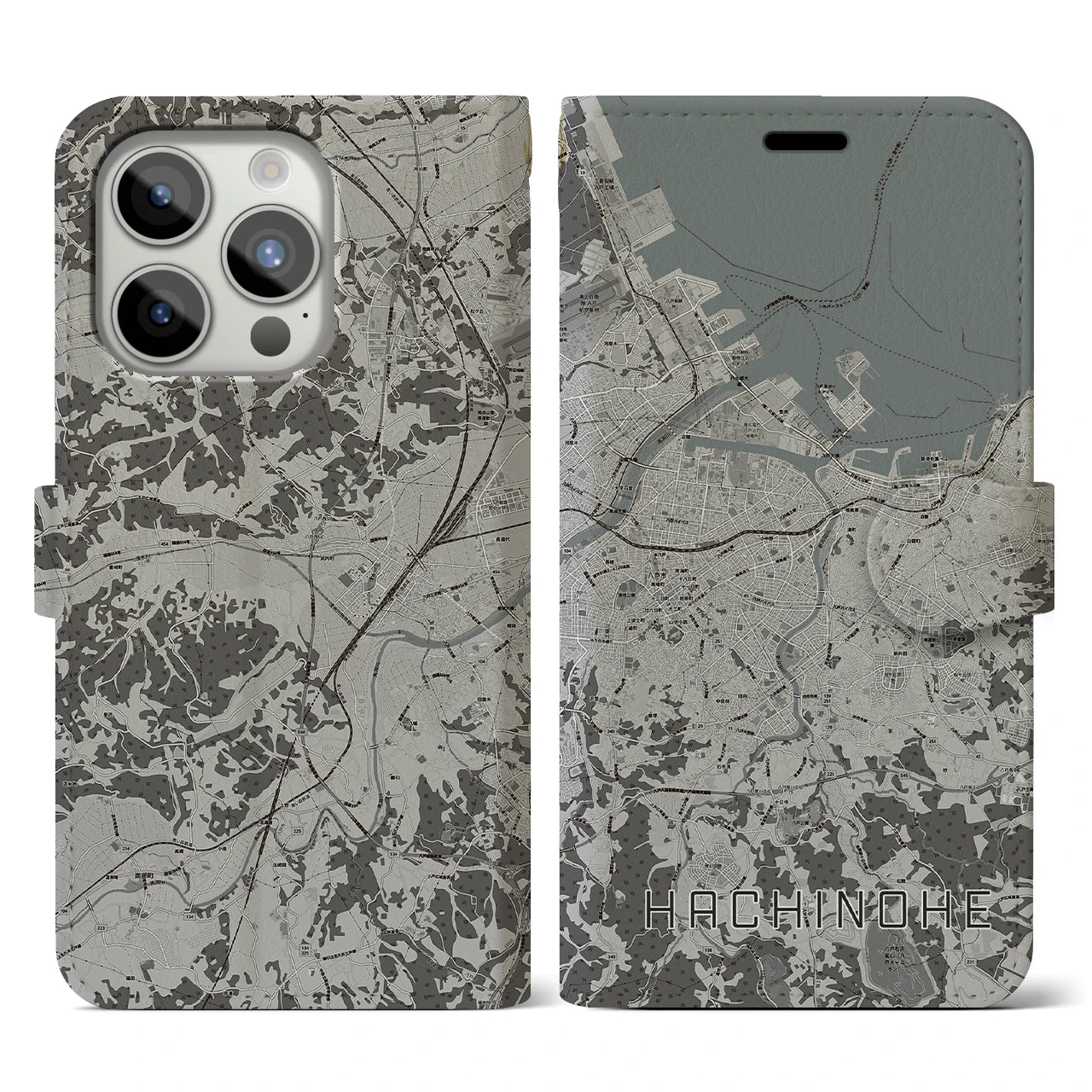 【八戸(青森県)】地図柄iPhoneケース(手帳タイプ)モノトーン・iPhone 15 Pro 用