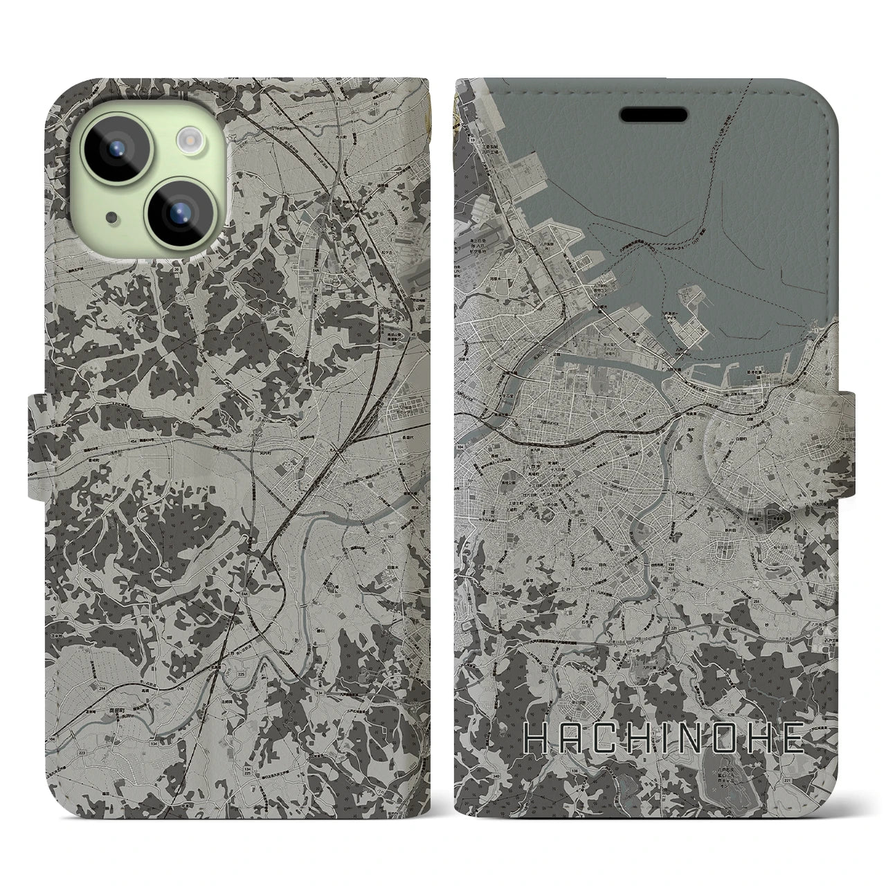 【八戸(青森県)】地図柄iPhoneケース(手帳タイプ)モノトーン・iPhone 15 用