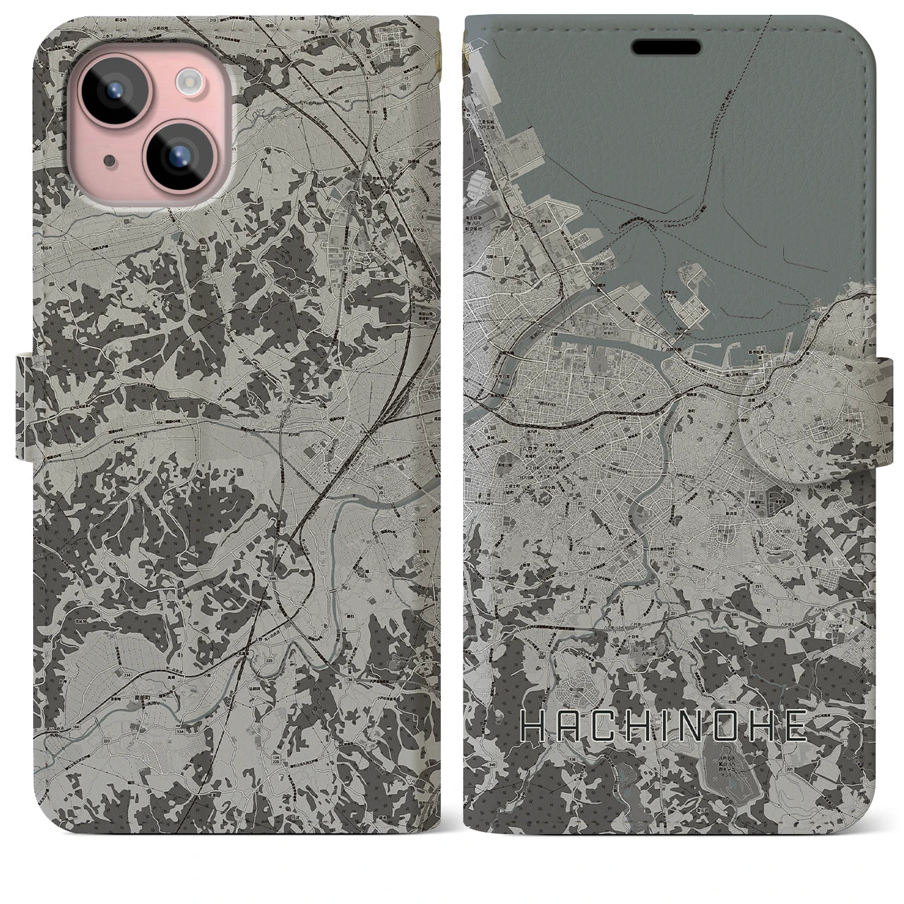 【八戸(青森県)】地図柄iPhoneケース(手帳タイプ)モノトーン・iPhone 15 Plus 用