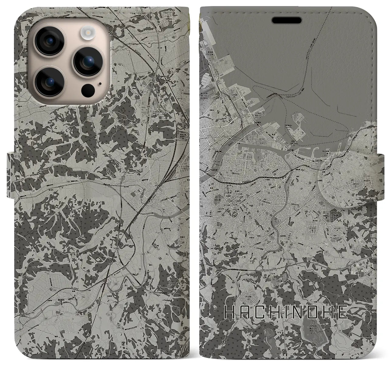 【八戸(青森県)】地図柄iPhoneケース(手帳タイプ)モノトーン・iPhone 16 Plus 用