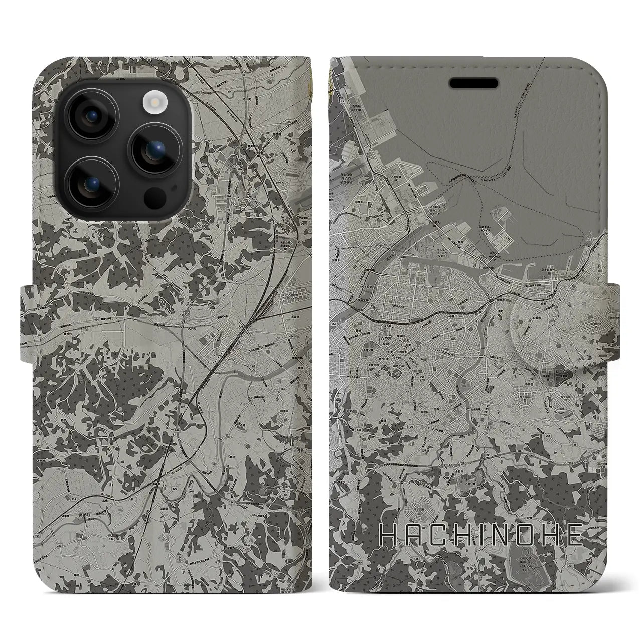 【八戸(青森県)】地図柄iPhoneケース(手帳タイプ)モノトーン・iPhone 16 用